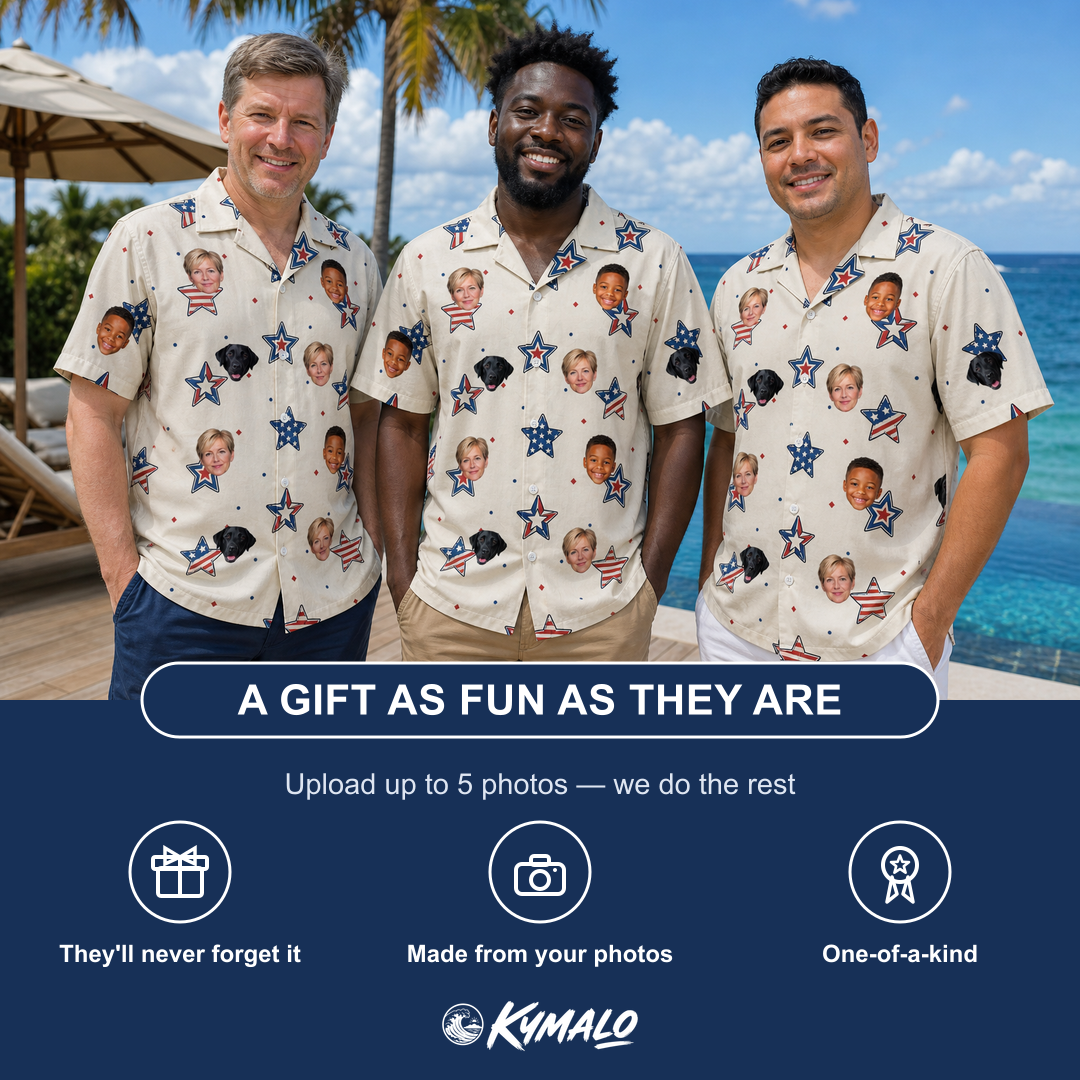 Friends in matching Men's Fourth Fizz Custom Face Hawaiian Shirt — a group gift photo