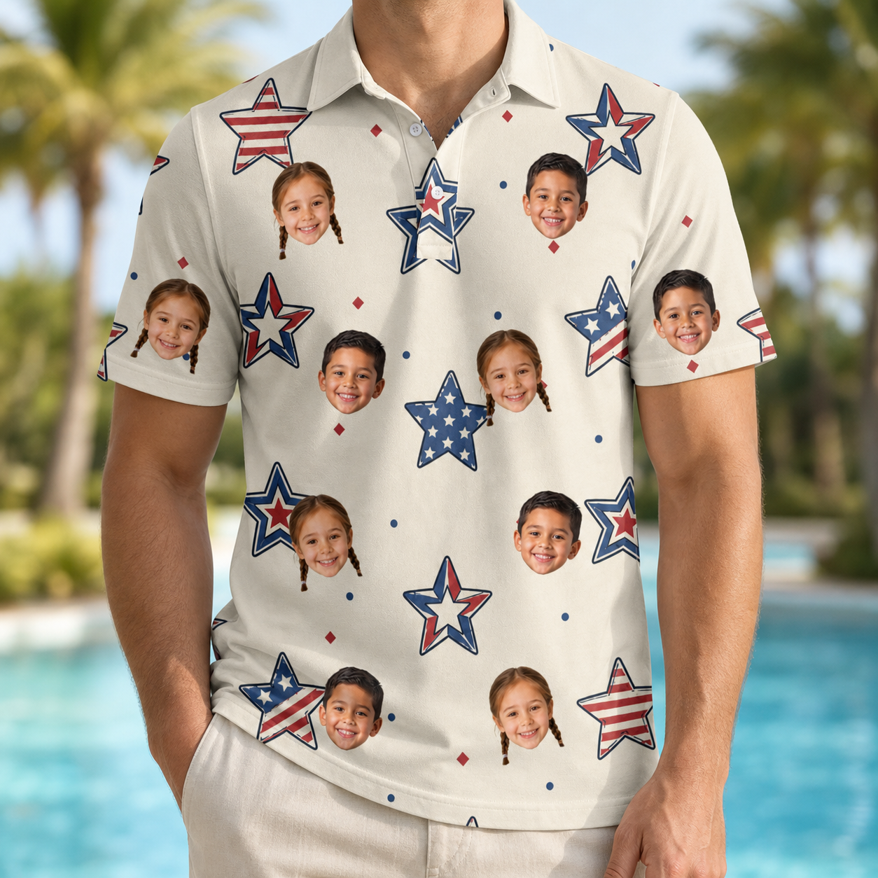 Model wearing Men's Fourth Fizz Custom Face Polo Shirt printed with kids' faces