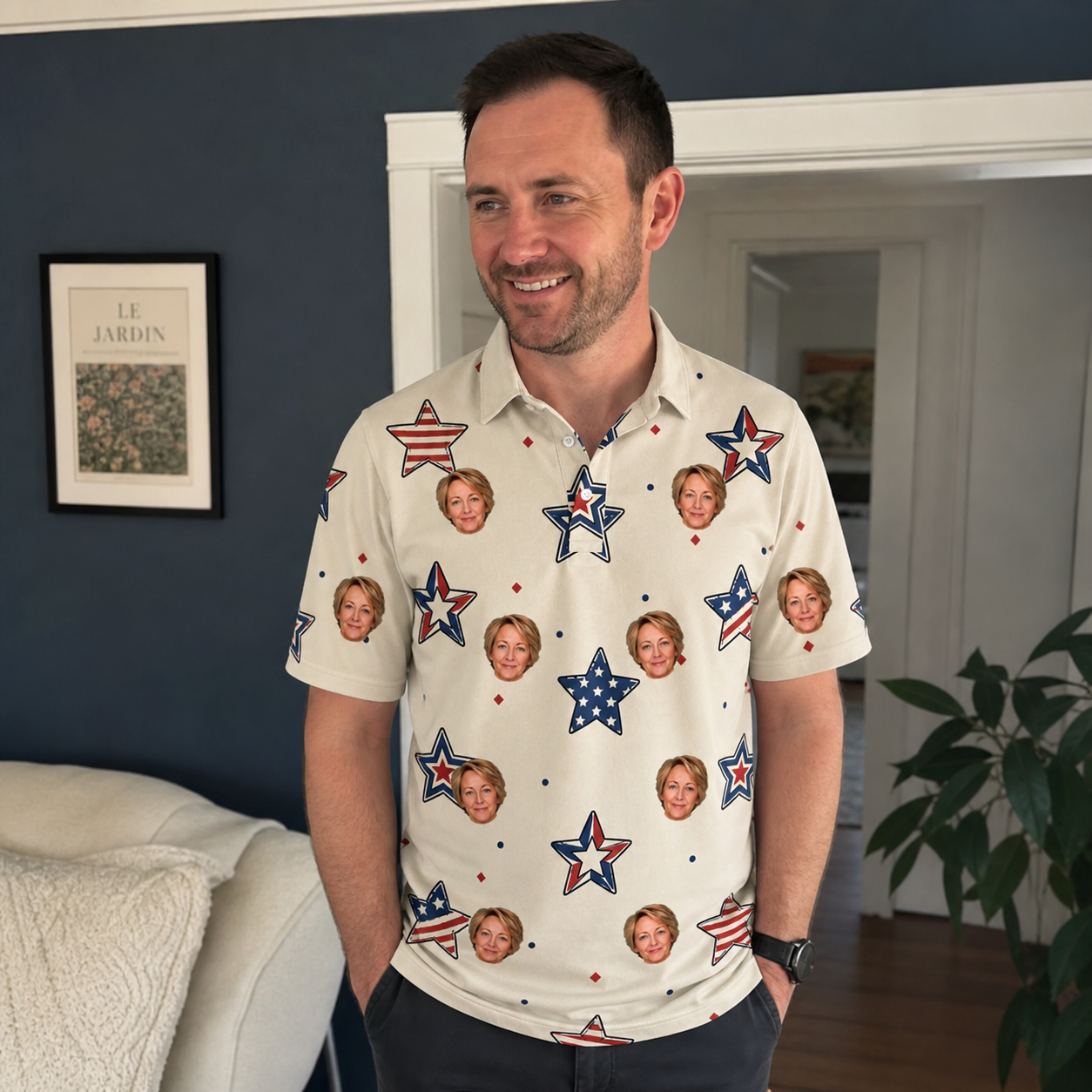 Real-life photo of someone wearing Men's Fourth Fizz Custom Face Polo Shirt — custom faces printed all-over