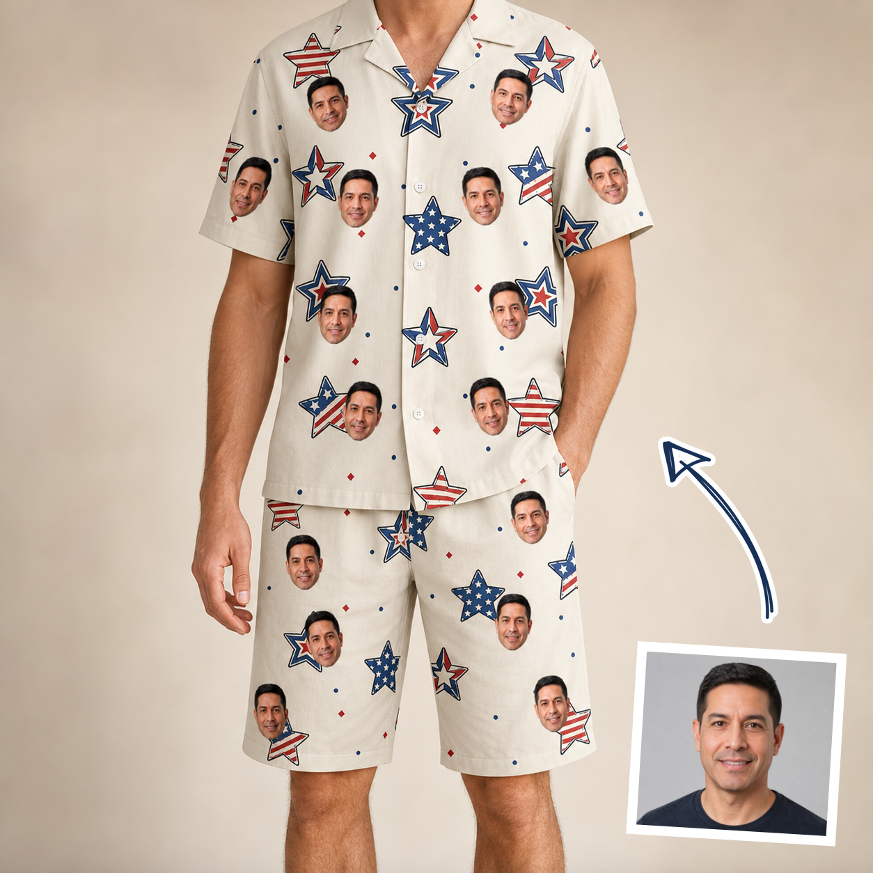Man wearing Men's Fourth Fizz Custom Face Shirt & Shorts Set — custom faces printed all-over
