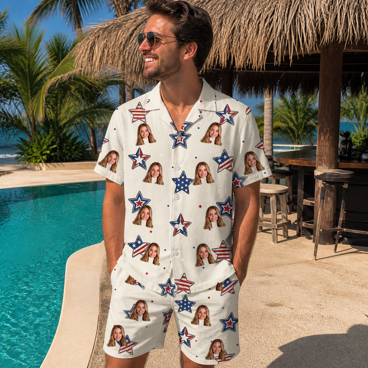 Real-life photo of someone wearing Men's Fourth Fizz Custom Face Shirt & Shorts Set — custom faces printed all-over