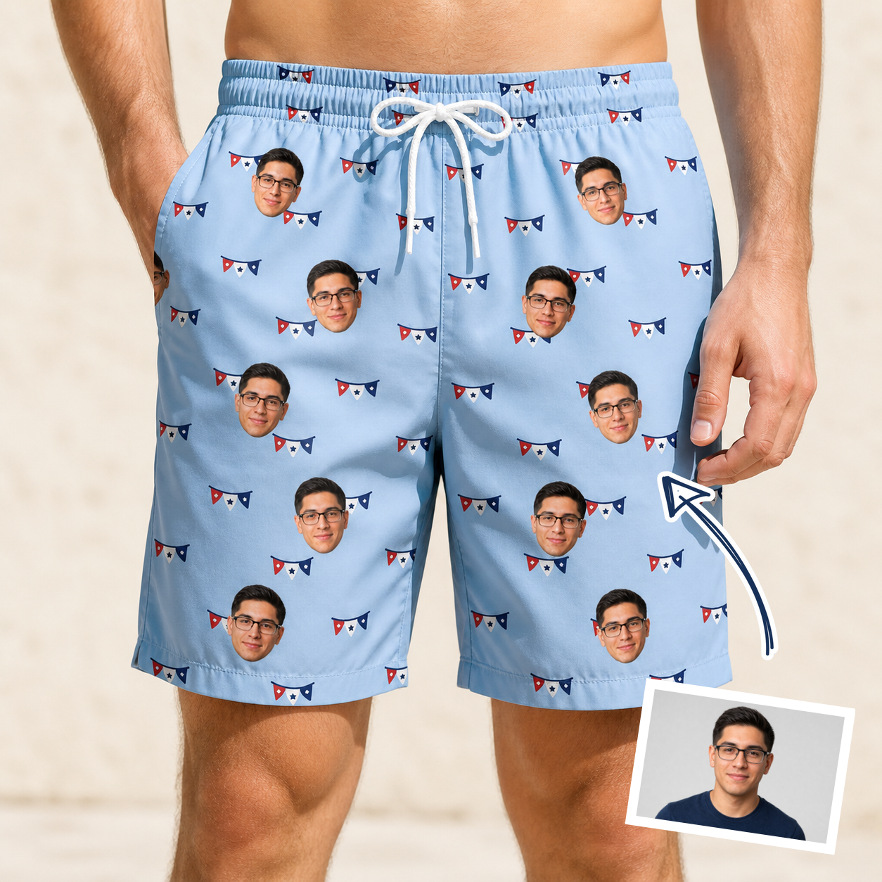 Man wearing Men's Yankee Doodle Custom Face Beach Shorts — custom faces printed all-over