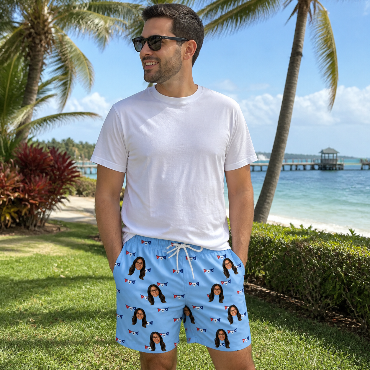 Real-life photo of someone wearing Men's Yankee Doodle Custom Face Beach Shorts — custom faces printed all-over