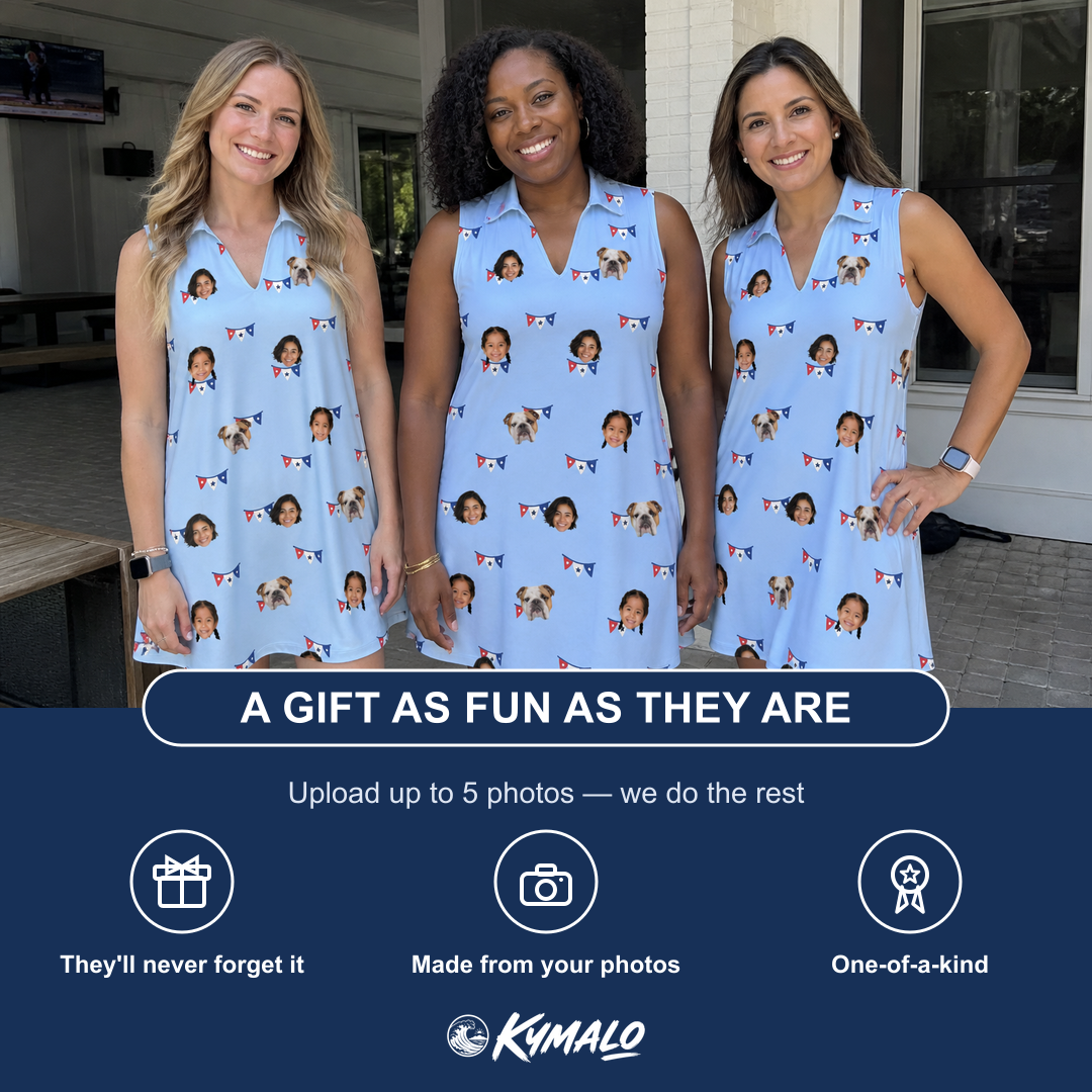Friends in matching Women's Yankee Doodle Custom Face V-Neck Dress — a group gift photo