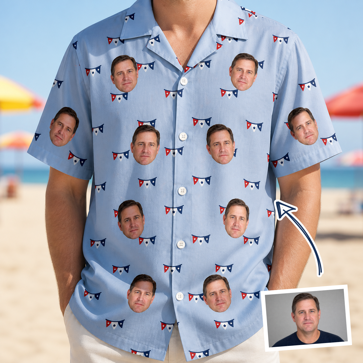 Man wearing Men's Yankee Doodle Custom Face Hawaiian Shirt — custom faces printed all-over