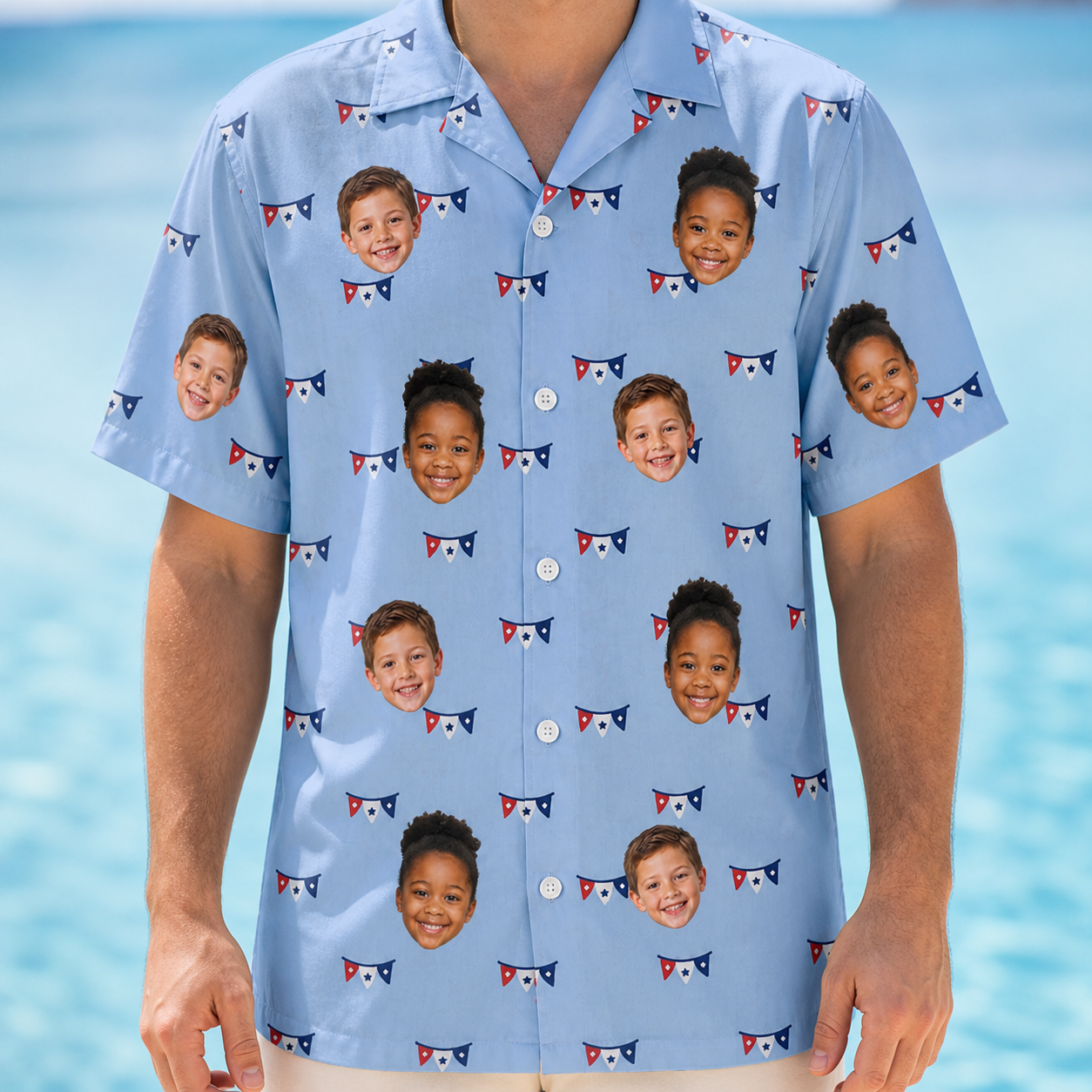 Model wearing Men's Yankee Doodle Custom Face Hawaiian Shirt printed with kids' faces