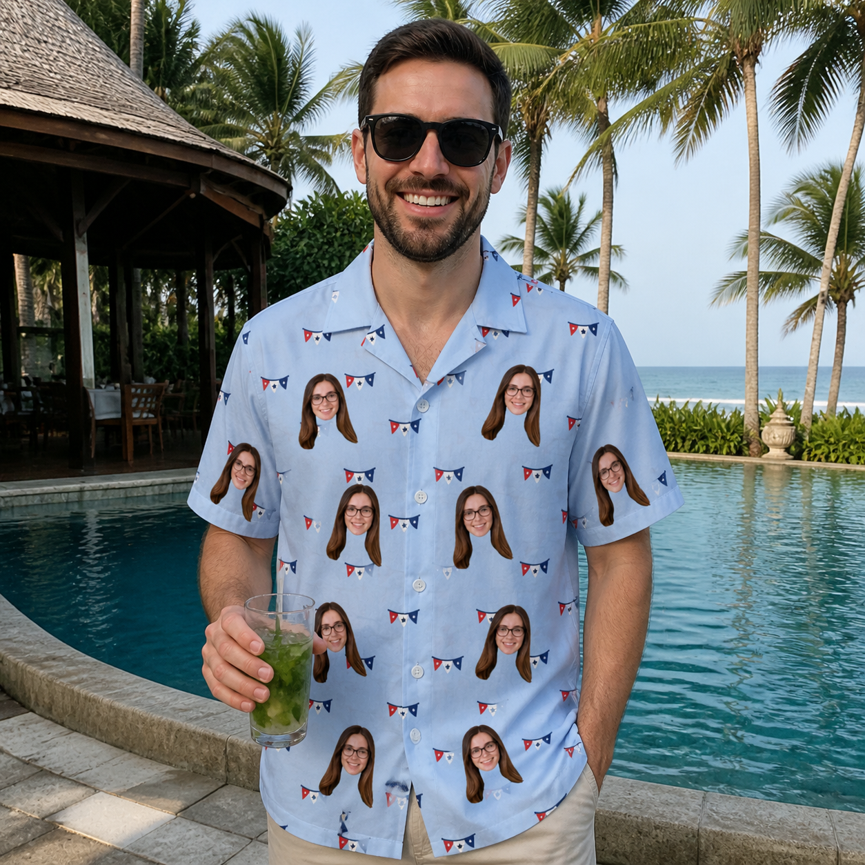 Real-life photo of someone wearing Men's Yankee Doodle Custom Face Hawaiian Shirt — custom faces printed all-over