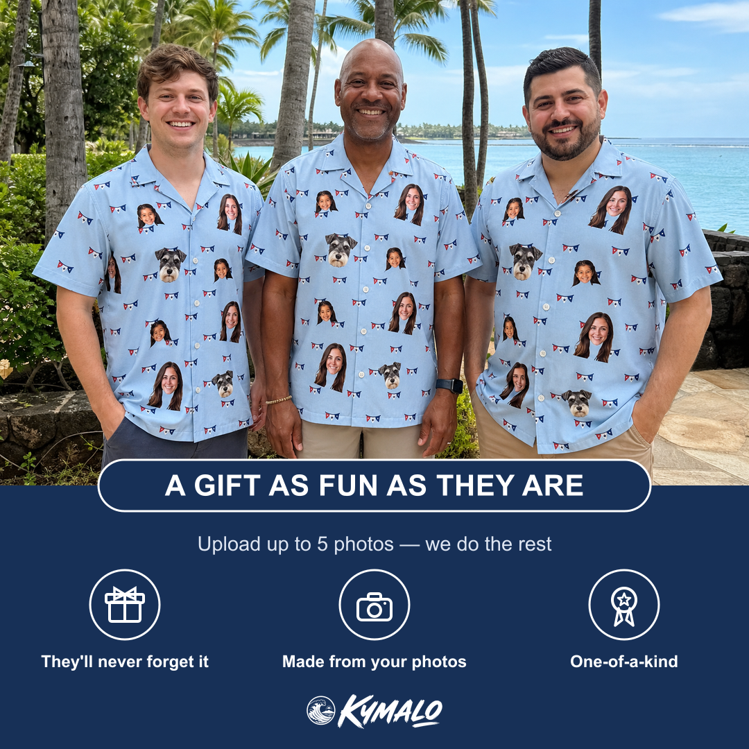 Friends in matching Men's Yankee Doodle Custom Face Hawaiian Shirt — a group gift photo