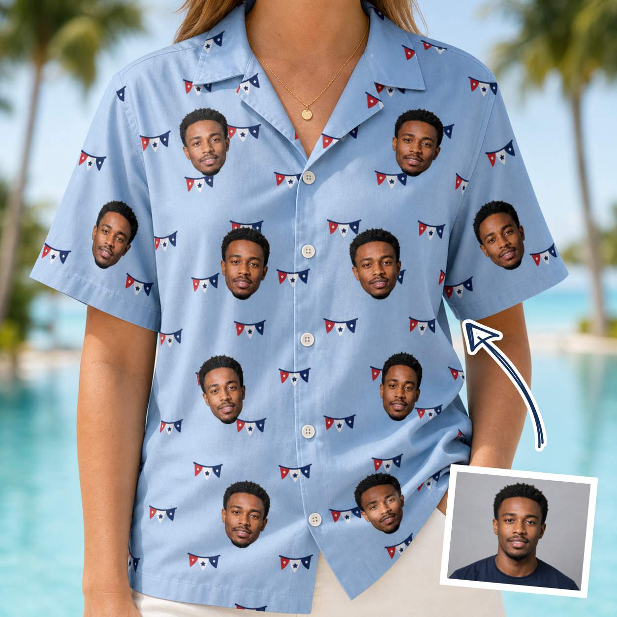 Woman wearing Women's Yankee Doodle Custom Face Hawaiian Shirt — custom faces printed all-over