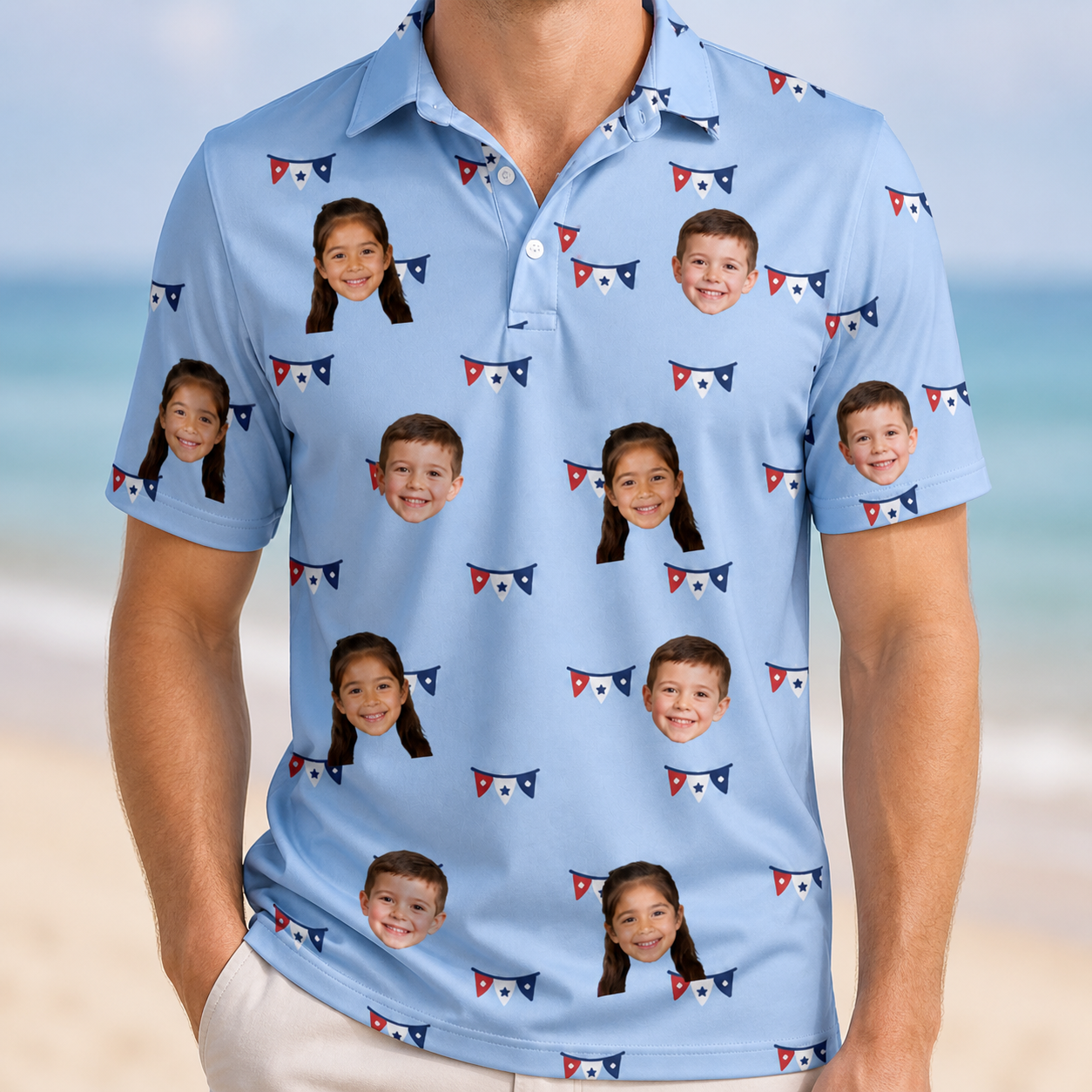 Model wearing Men's Yankee Doodle Custom Face Polo Shirt printed with kids' faces