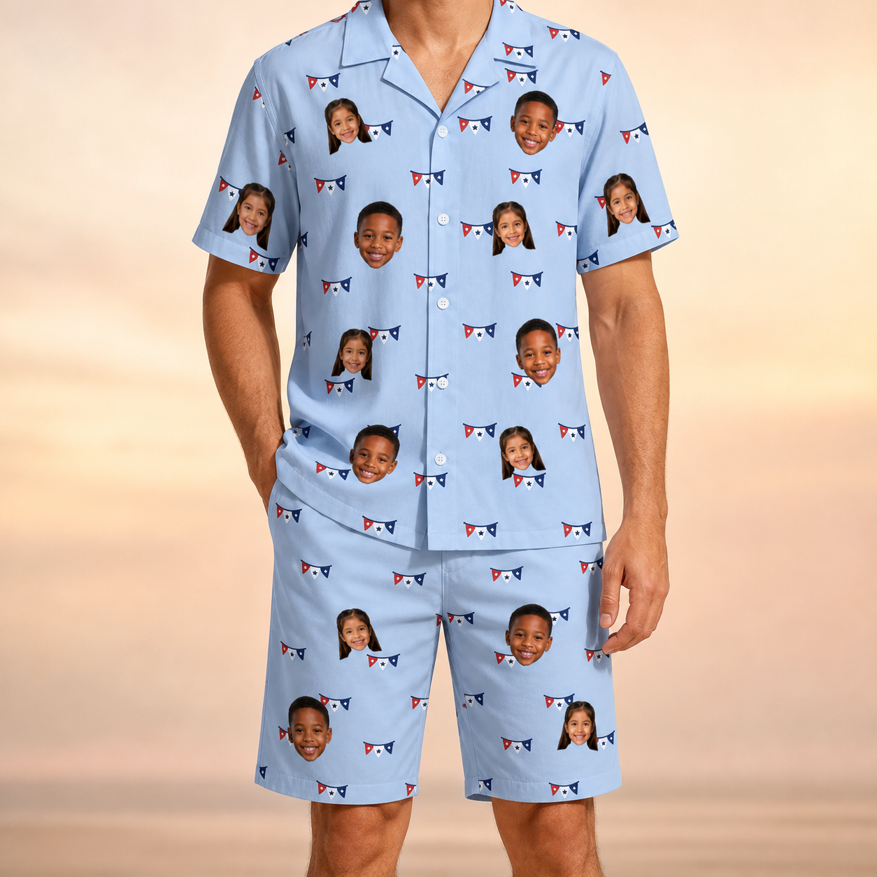 Model wearing Men's Yankee Doodle Custom Face Shirt & Shorts Set printed with kids' faces