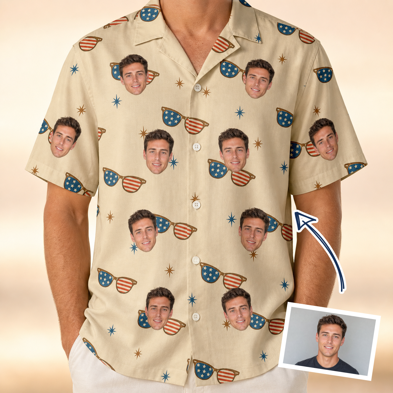 Man wearing Men's Freedom Shades Custom Face Hawaiian Shirt — custom faces printed all-over