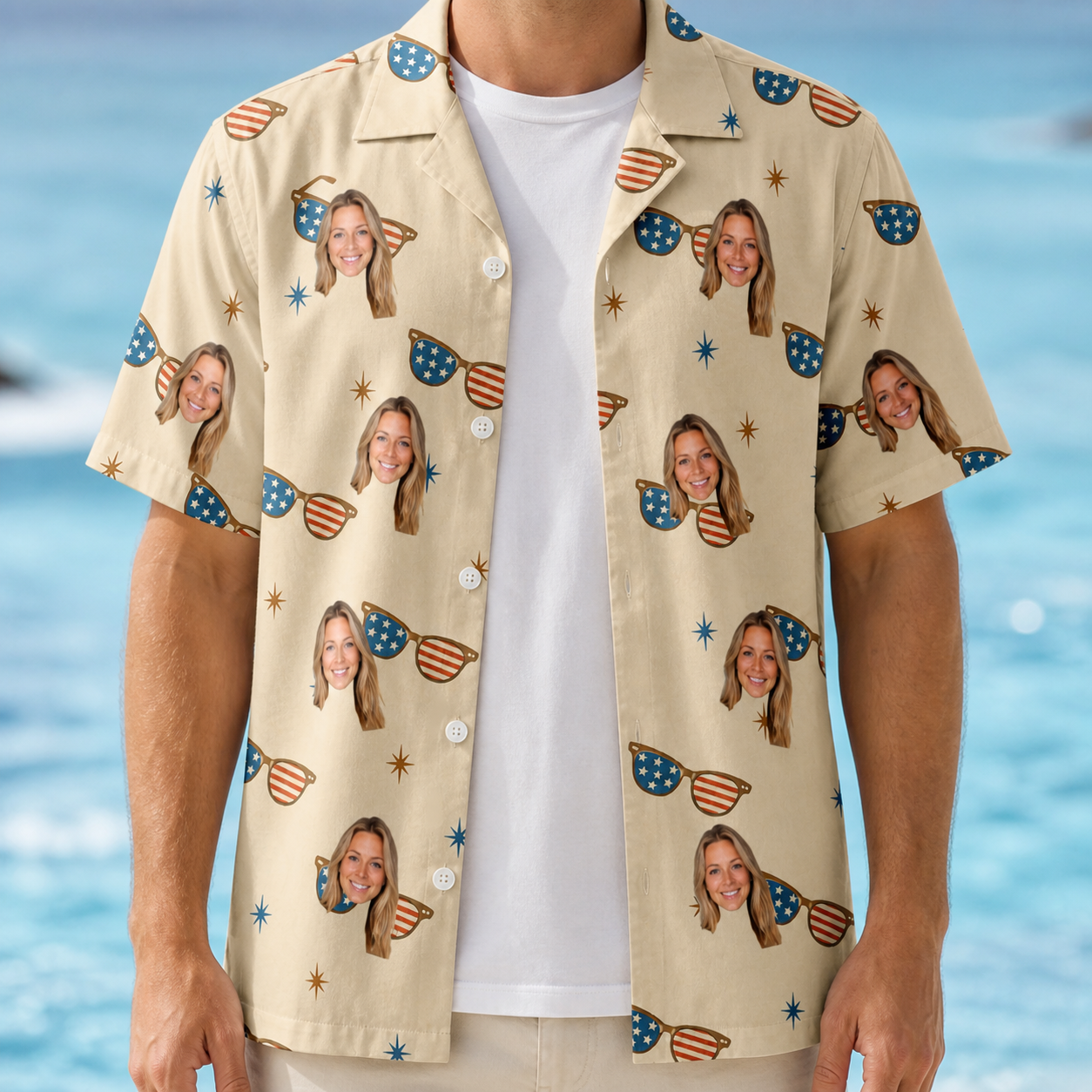 Man wearing Men's Freedom Shades Custom Face Hawaiian Shirt open over a white tee