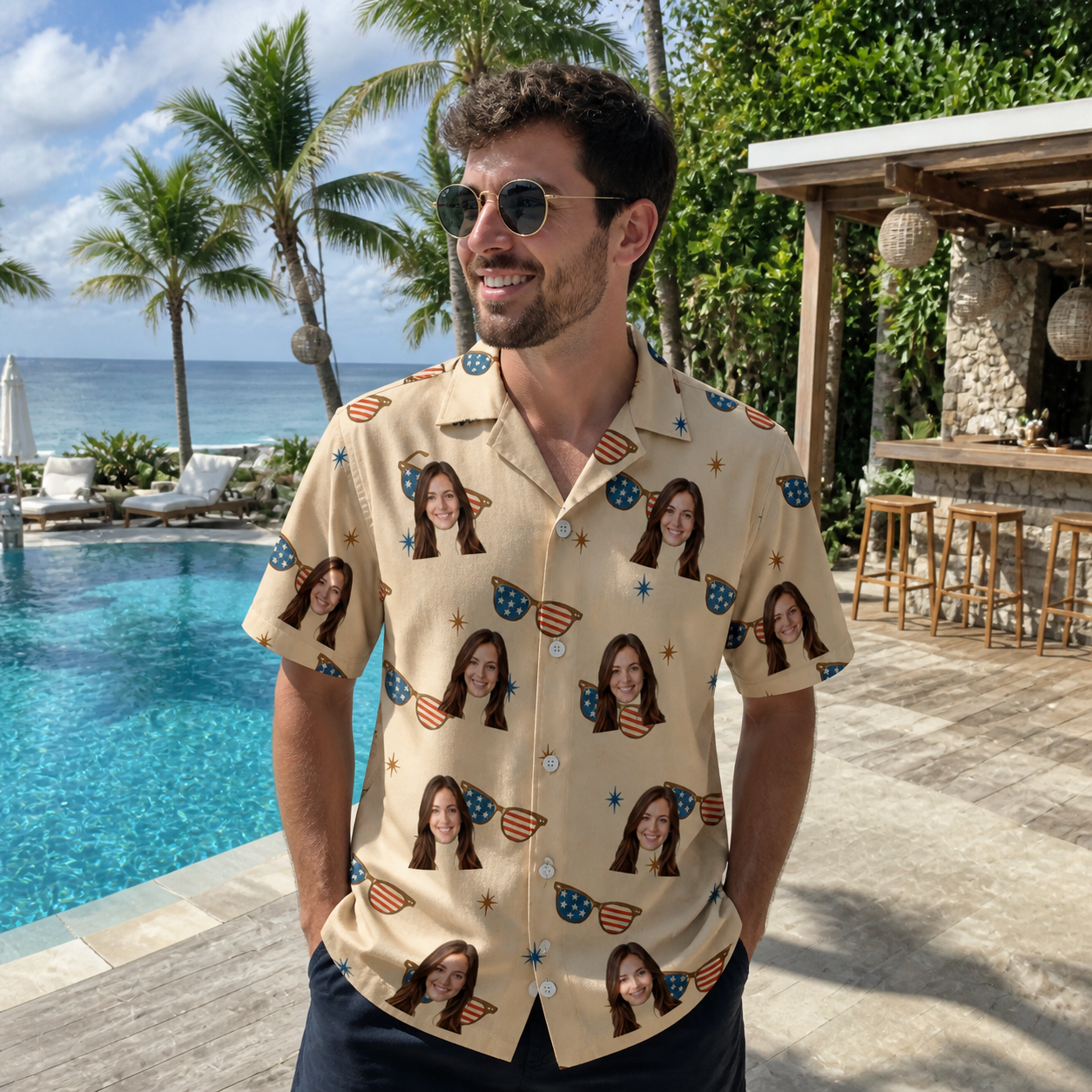 Real-life photo of someone wearing Men's Freedom Shades Custom Face Hawaiian Shirt — custom faces printed all-over