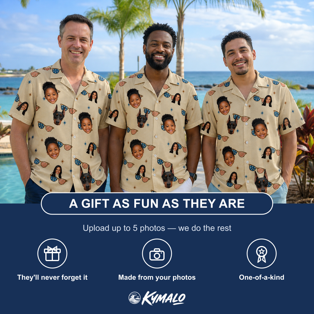 Friends in matching Men's Freedom Shades Custom Face Hawaiian Shirt — a group gift photo