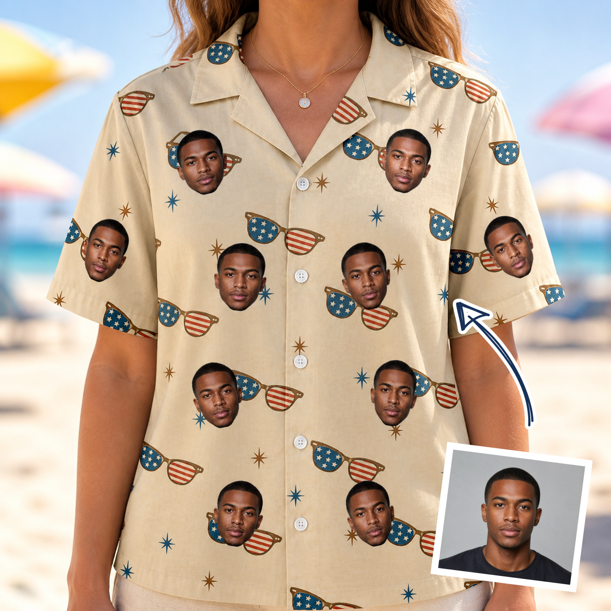 Woman wearing Women's Freedom Shades Custom Face Hawaiian Shirt — custom faces printed all-over