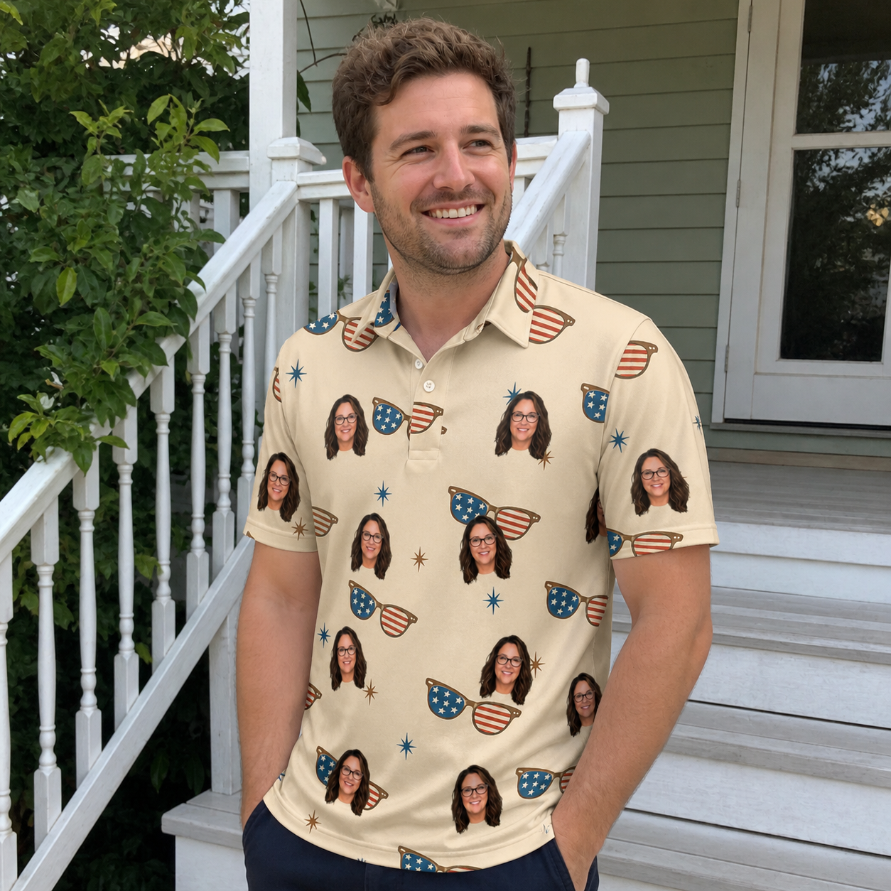 Real-life photo of someone wearing Men's Freedom Shades Custom Face Polo Shirt — custom faces printed all-over
