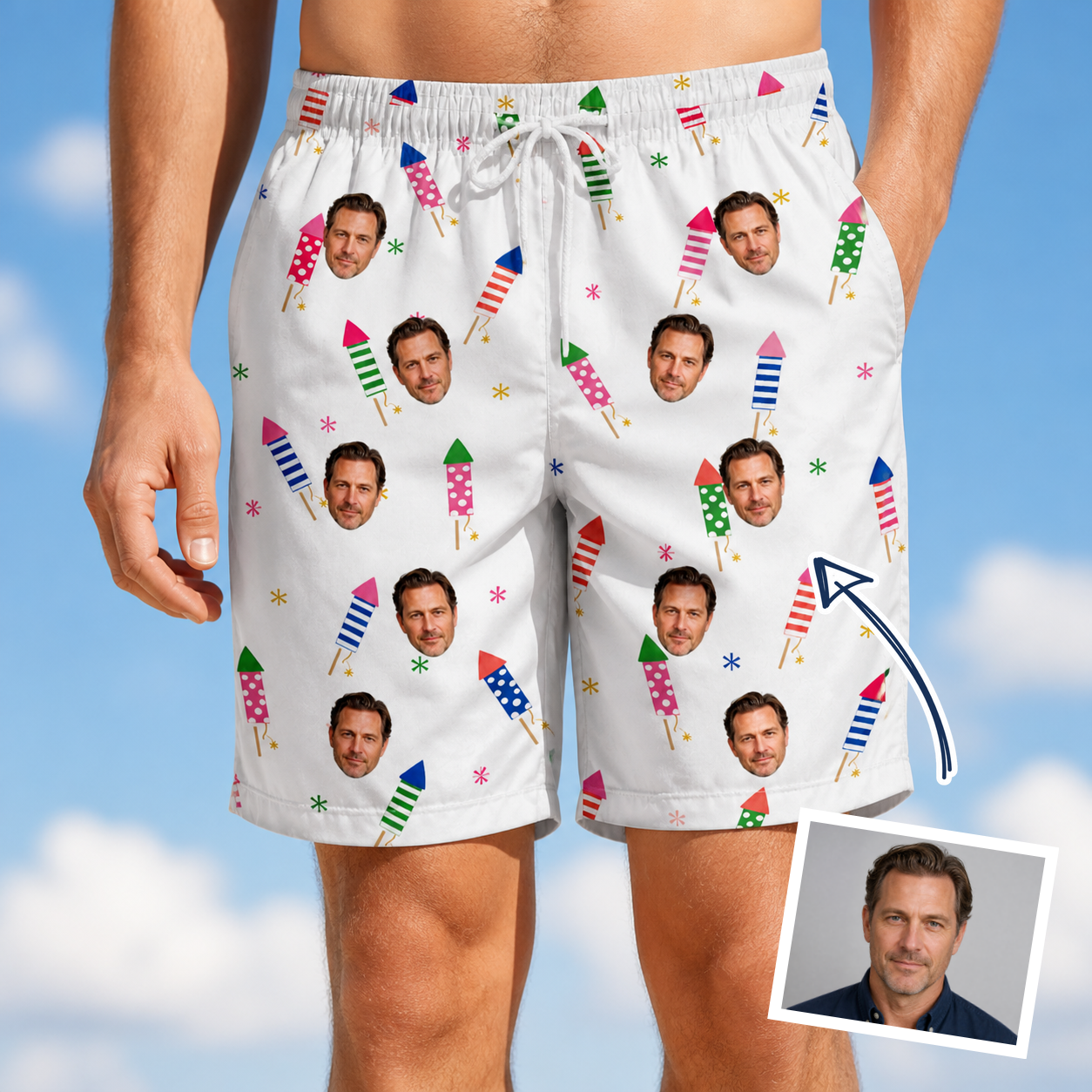 Man wearing Men's Boom Banner Custom Face Beach Shorts — custom faces printed all-over