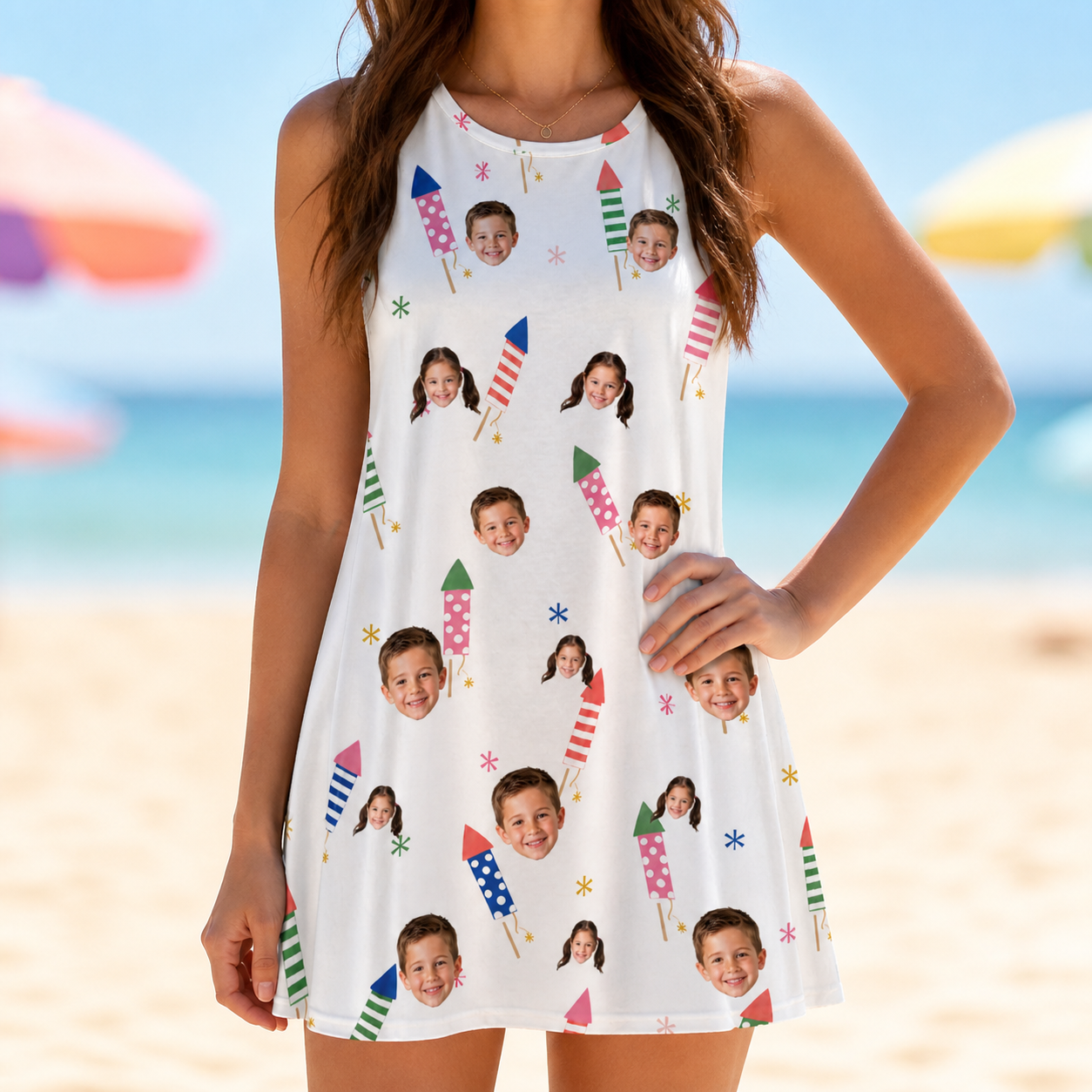 Model wearing Women's Boom Banner Custom Face Tank Dress printed with kids' faces