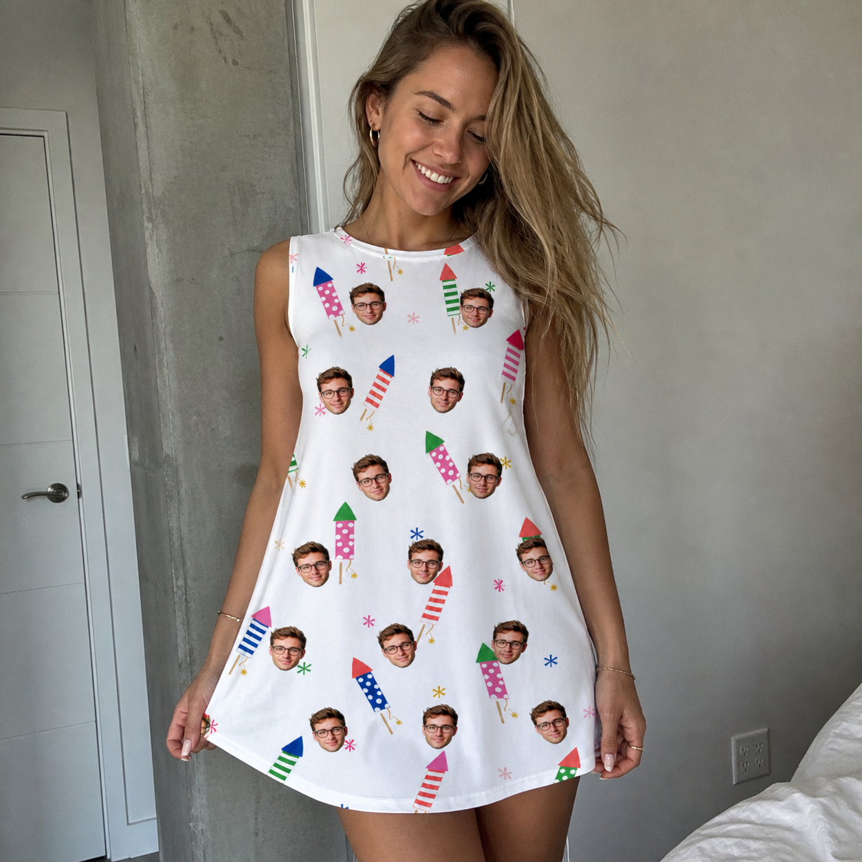 Real-life photo of someone wearing Women's Boom Banner Custom Face Tank Dress — custom faces printed all-over