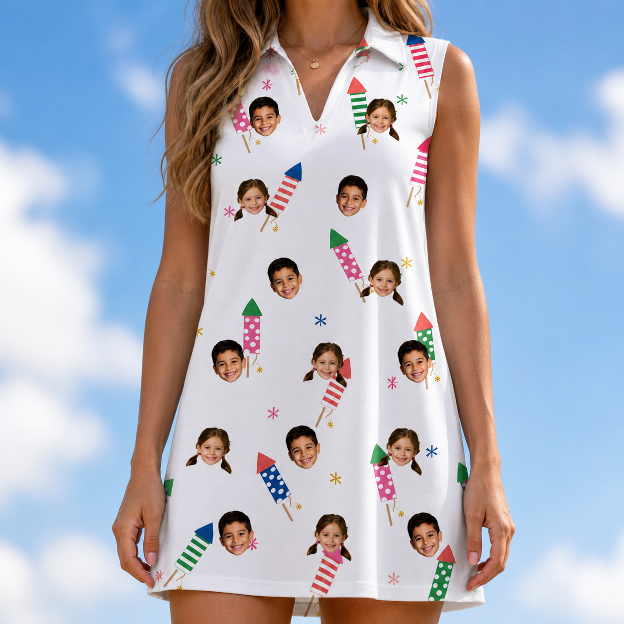 Model wearing Women's Boom Banner Custom Face V-Neck Dress printed with kids' faces
