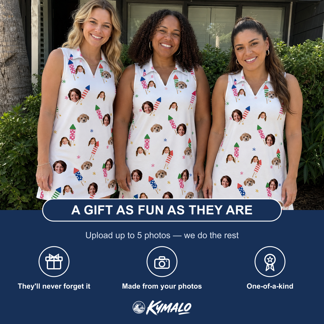 Friends in matching Women's Boom Banner Custom Face V-Neck Dress — a group gift photo