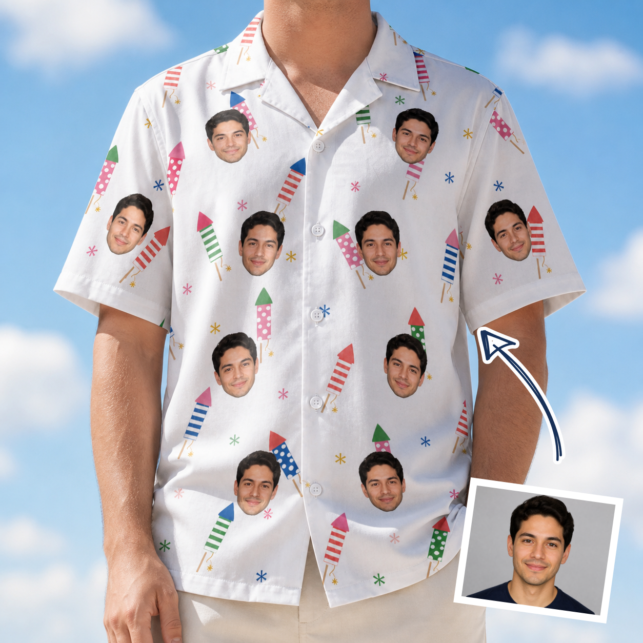 Man wearing Men's Boom Banner Custom Face Hawaiian Shirt — custom faces printed all-over