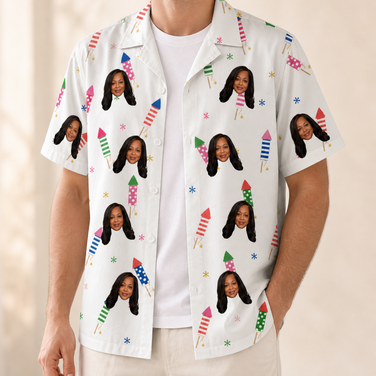 Man wearing Men's Boom Banner Custom Face Hawaiian Shirt open over a white tee