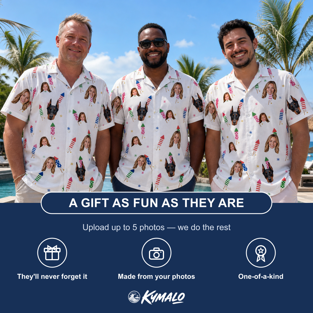 Friends in matching Men's Boom Banner Custom Face Hawaiian Shirt — a group gift photo