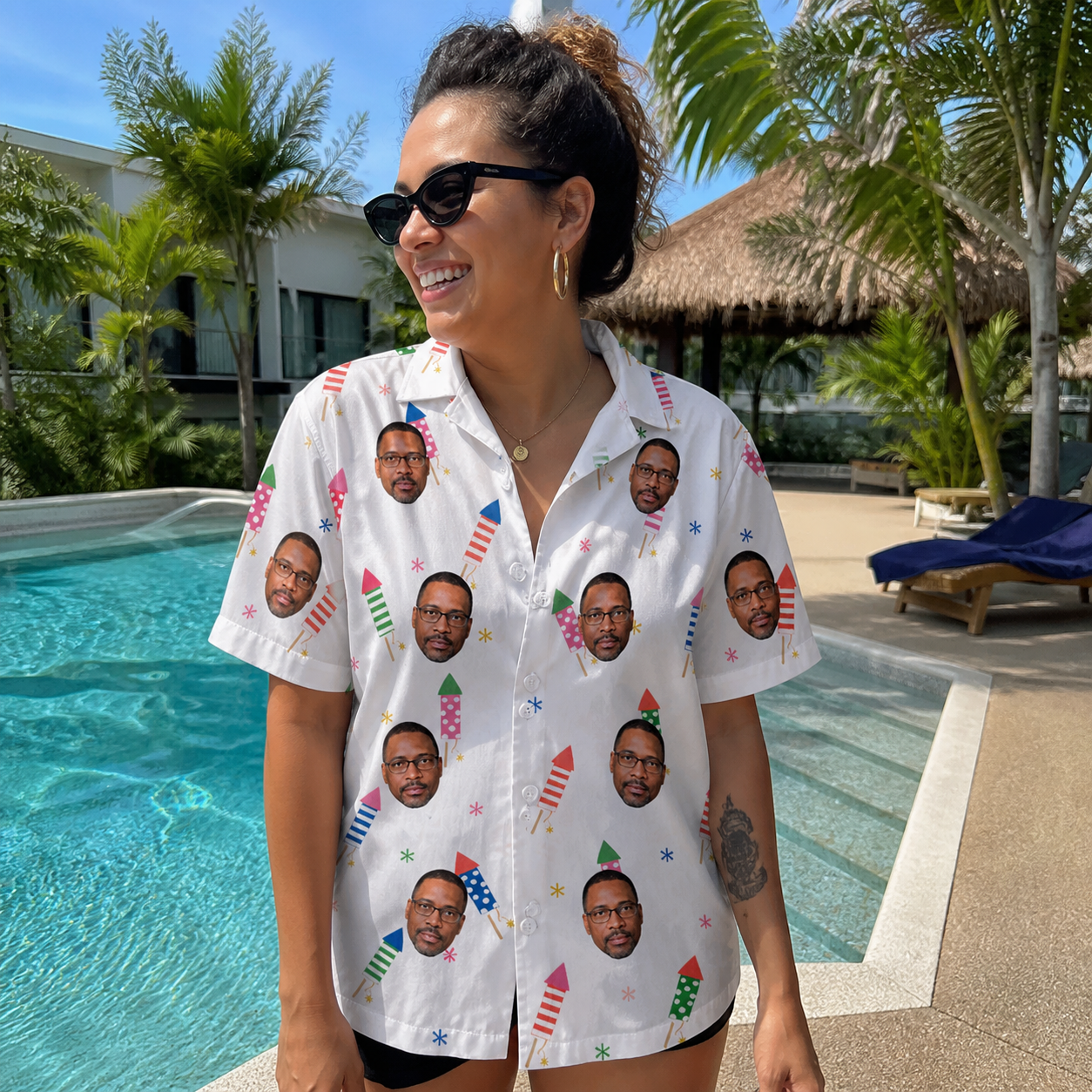 Real-life photo of someone wearing Women's Boom Banner Custom Face Hawaiian Shirt — custom faces printed all-over