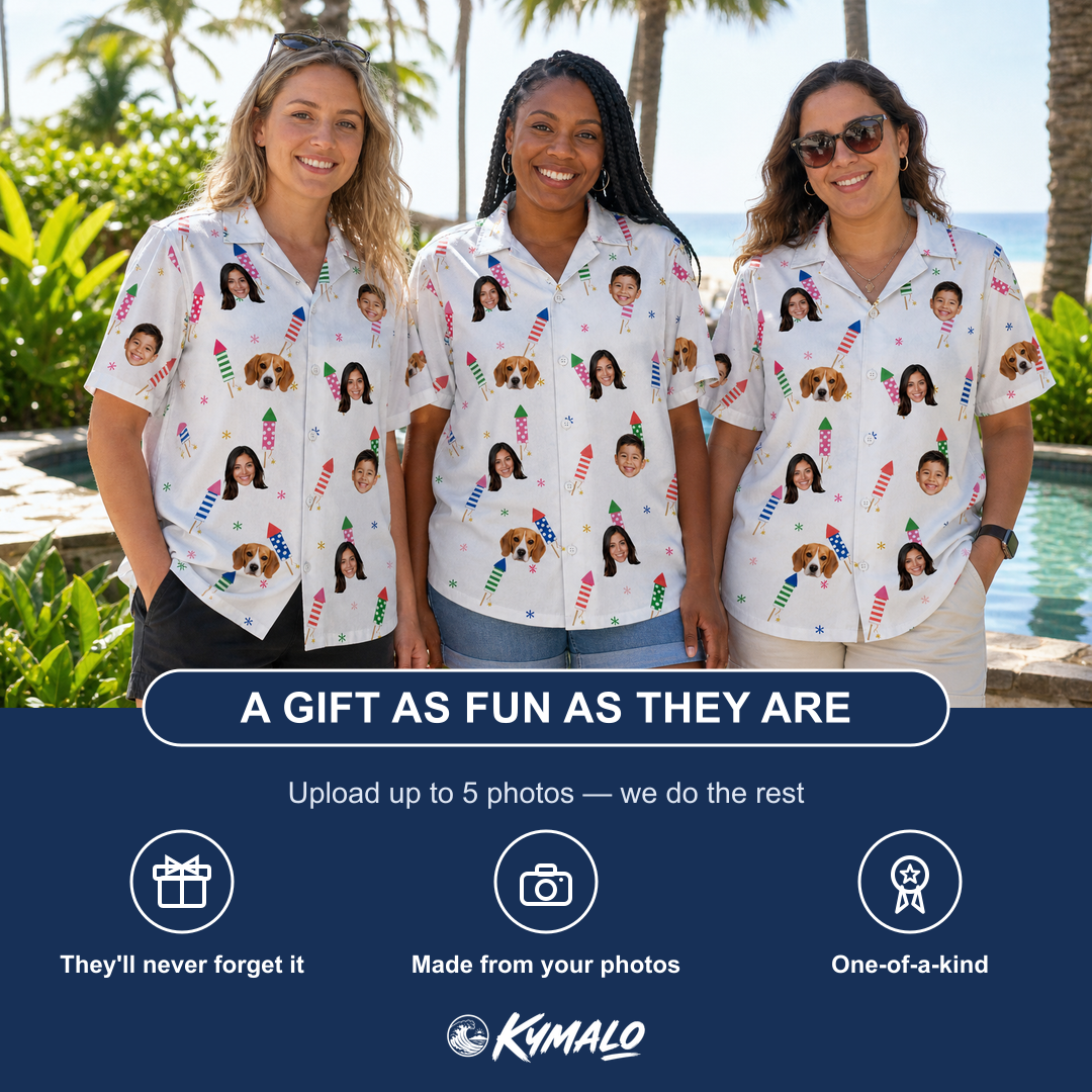 Friends in matching Women's Boom Banner Custom Face Hawaiian Shirt — a group gift photo