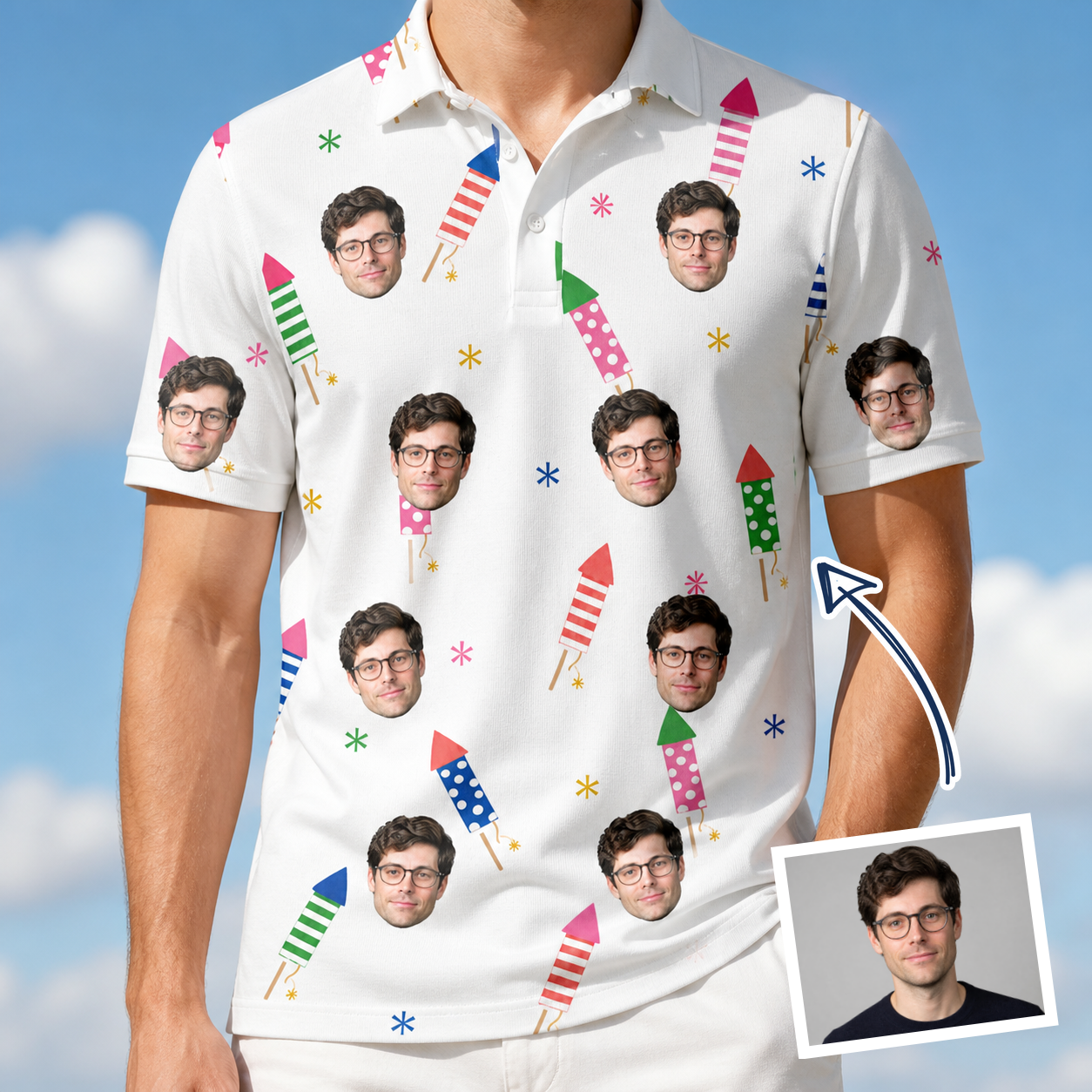 Man wearing Men's Boom Banner Custom Face Polo Shirt — custom faces printed all-over
