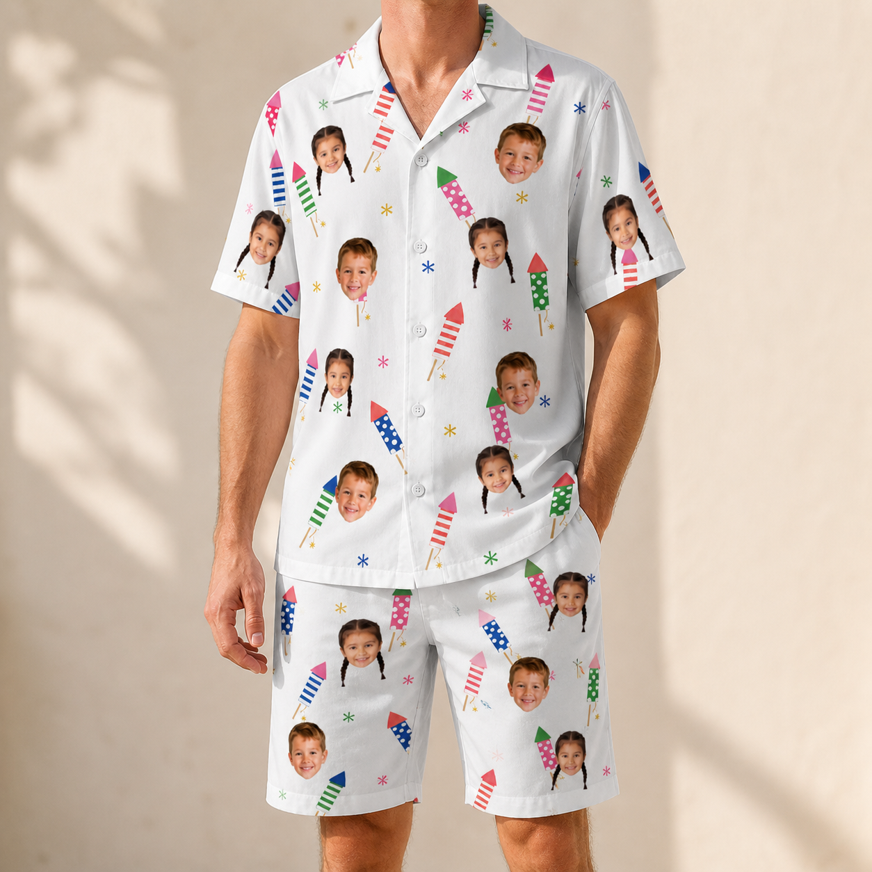 Model wearing Men's Boom Banner Custom Face Shirt & Shorts Set printed with kids' faces