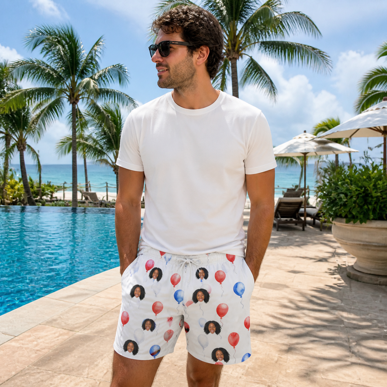Real-life photo of someone wearing Men's Rocket Ribbons Custom Face Beach Shorts — custom faces printed all-over