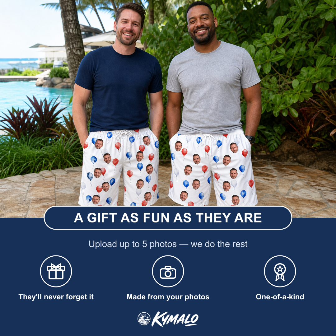 Friends in matching Men's Rocket Ribbons Custom Face Beach Shorts — a group gift photo