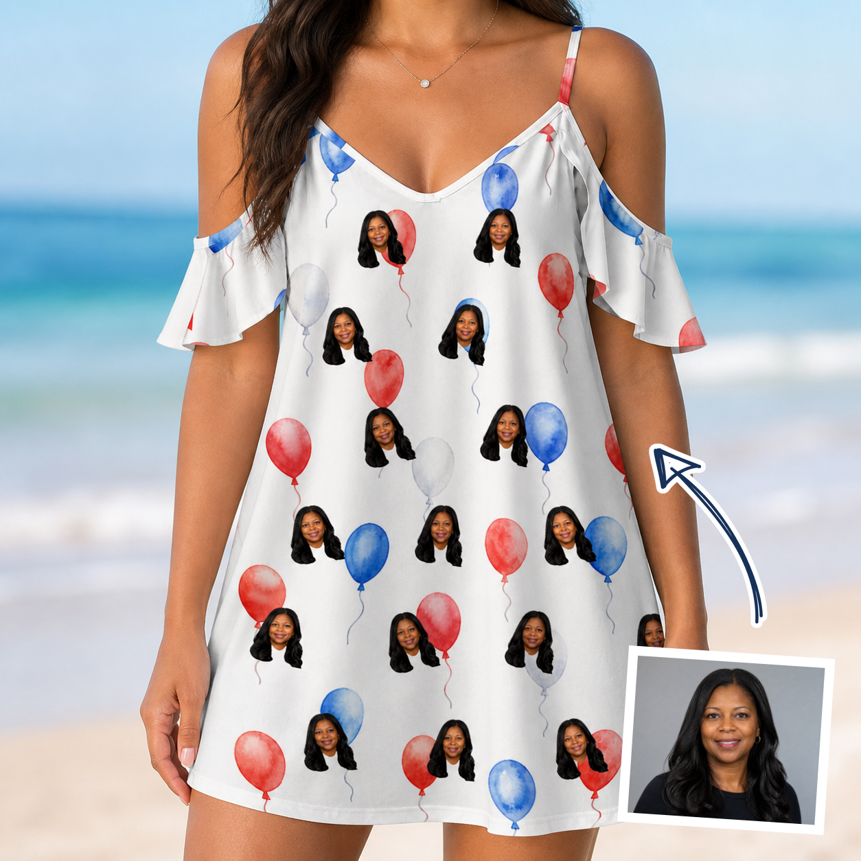 Woman wearing Women's Rocket Ribbons Custom Face Off-Shoulder Dress — custom faces printed all-over