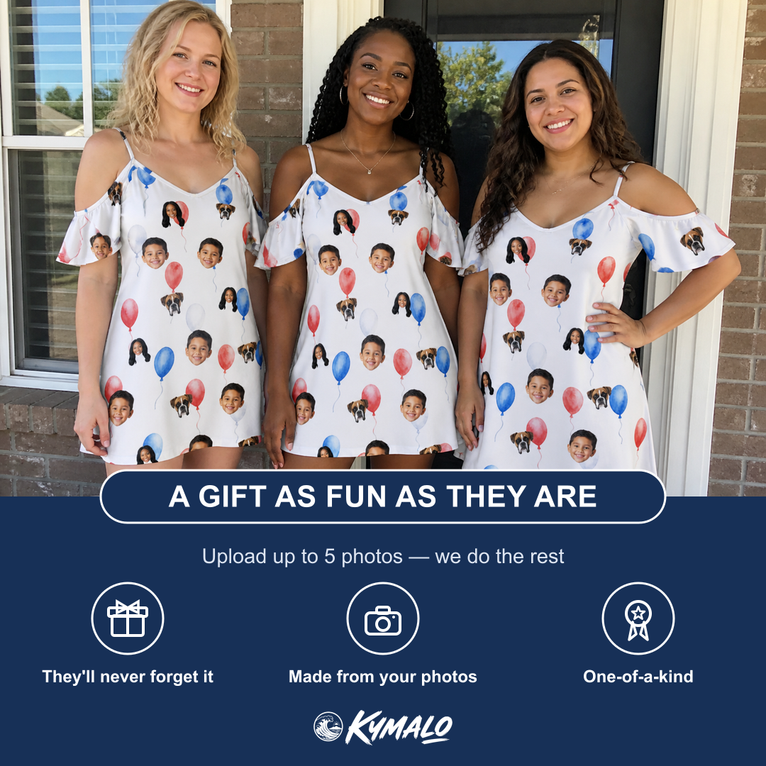 Friends in matching Women's Rocket Ribbons Custom Face Off-Shoulder Dress — a group gift photo