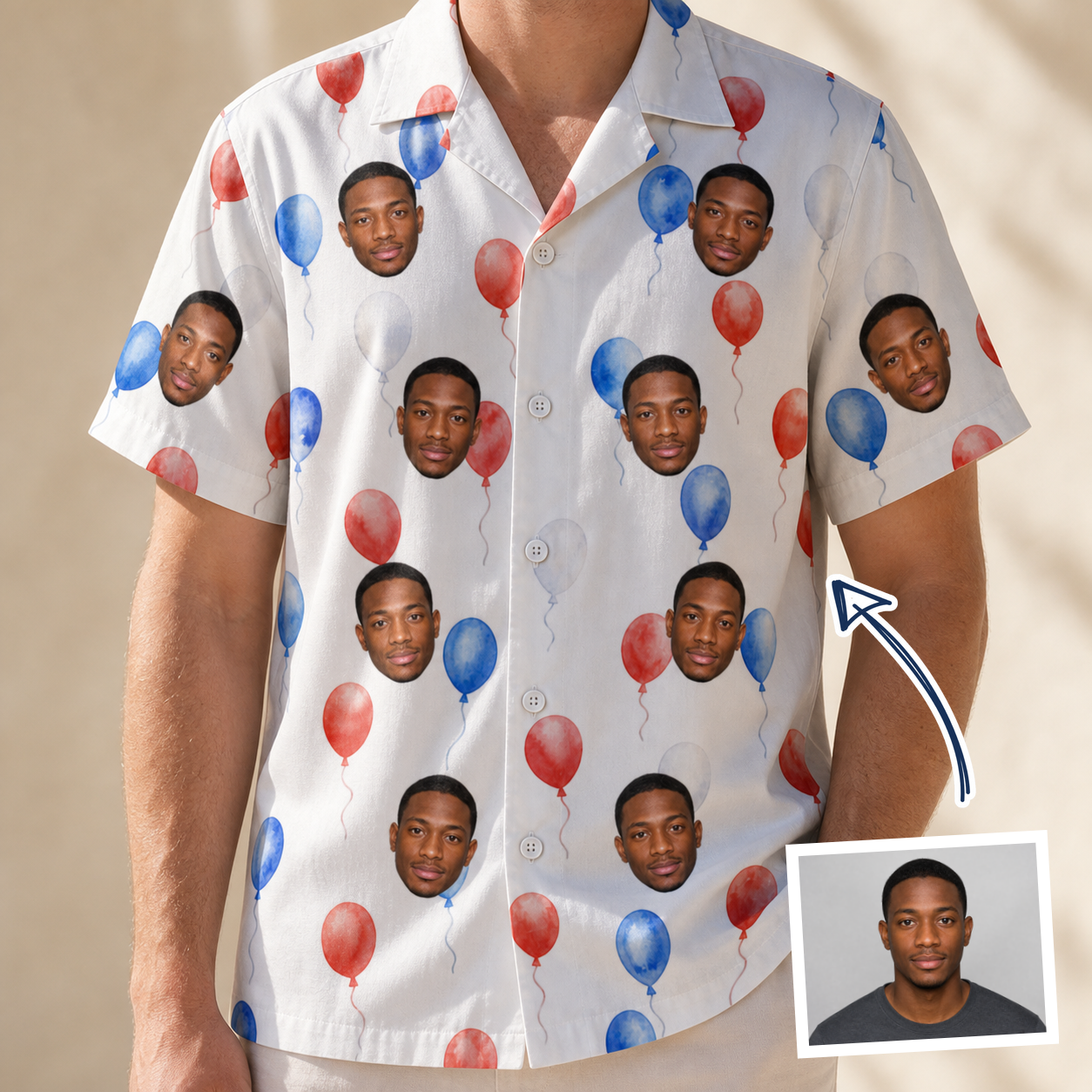 Man wearing Men's Rocket Ribbons Custom Face Hawaiian Shirt — custom faces printed all-over