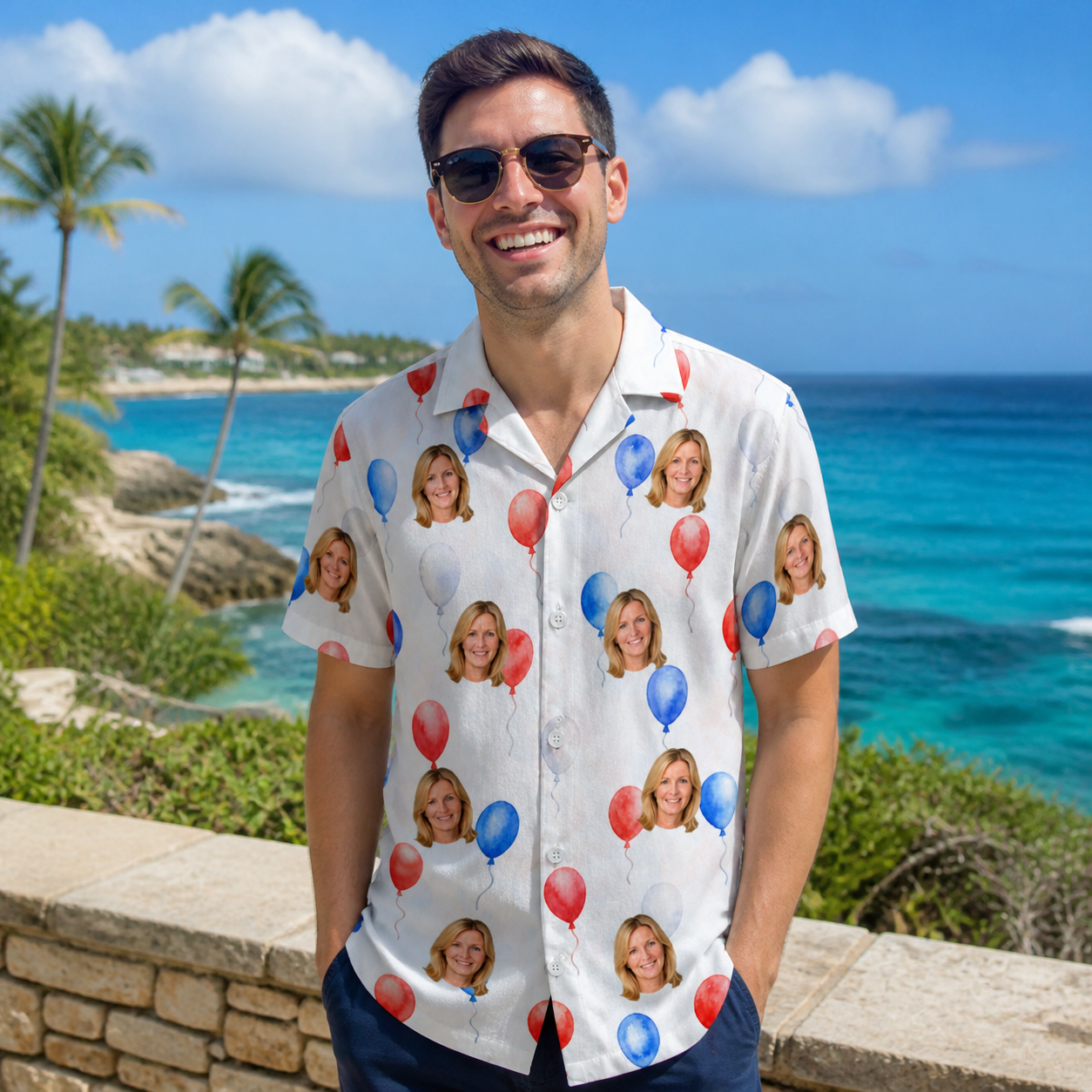 Real-life photo of someone wearing Men's Rocket Ribbons Custom Face Hawaiian Shirt — custom faces printed all-over