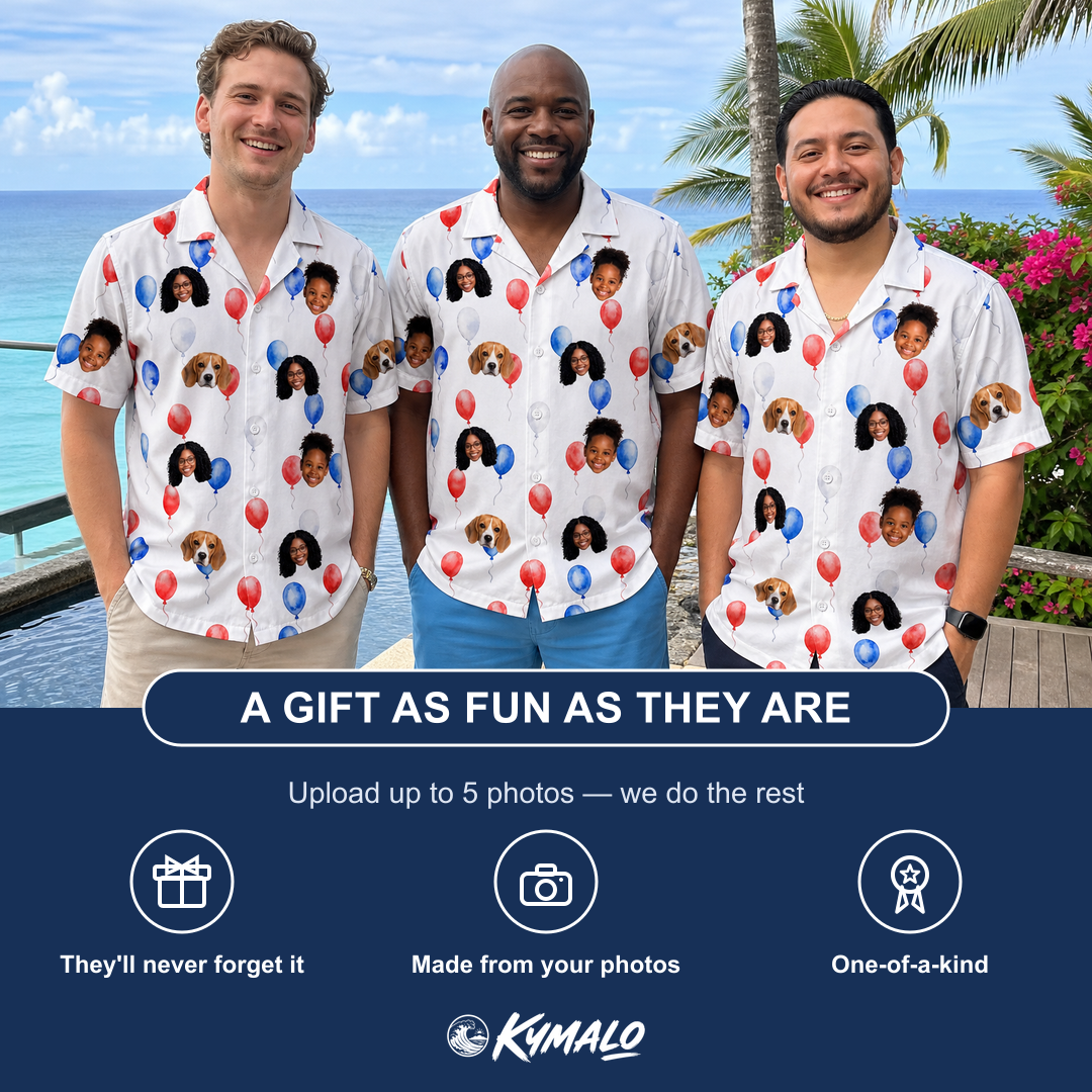 Friends in matching Men's Rocket Ribbons Custom Face Hawaiian Shirt — a group gift photo