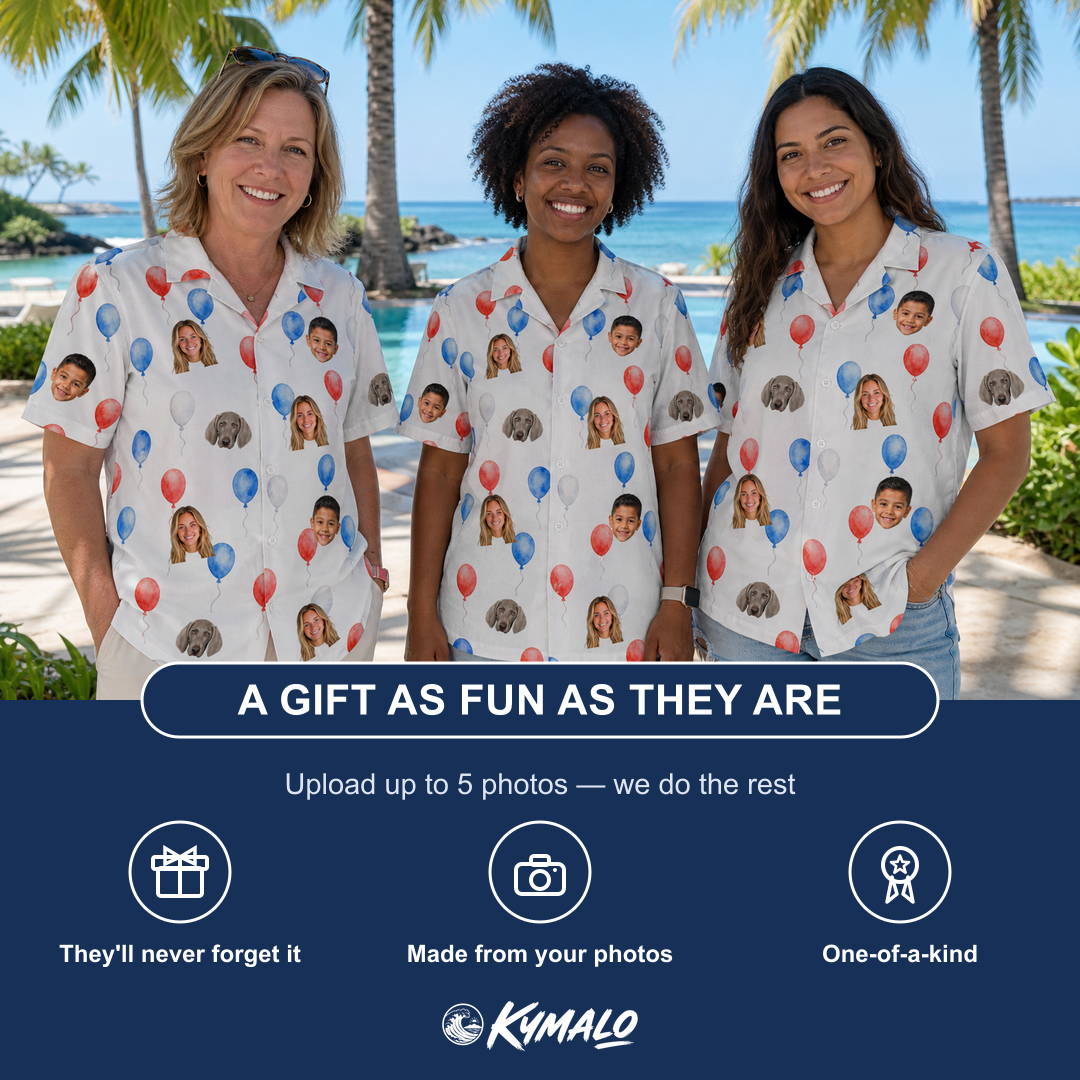 Friends in matching Women's Rocket Ribbons Custom Face Hawaiian Shirt — a group gift photo