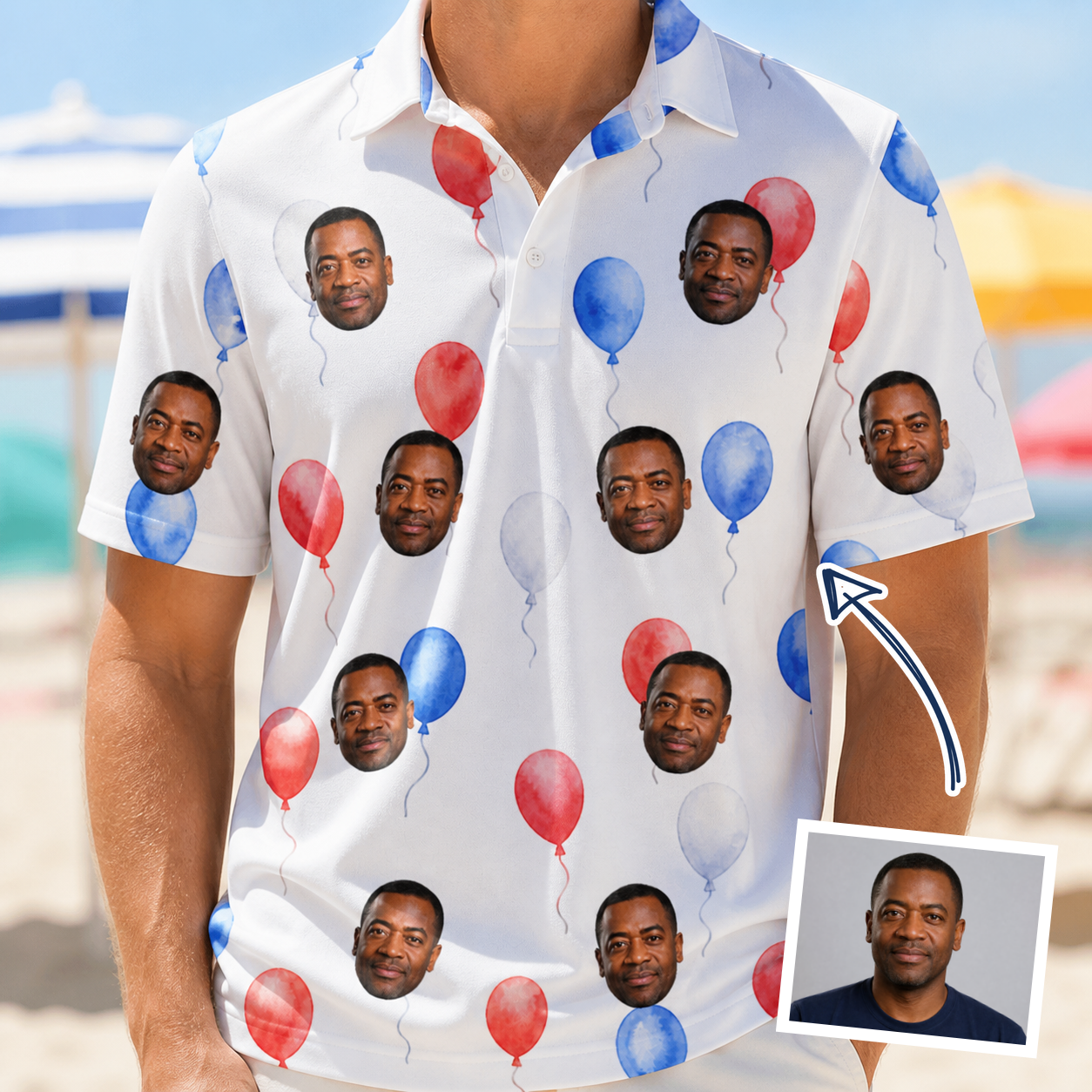 Man wearing Men's Rocket Ribbons Custom Face Polo Shirt — custom faces printed all-over