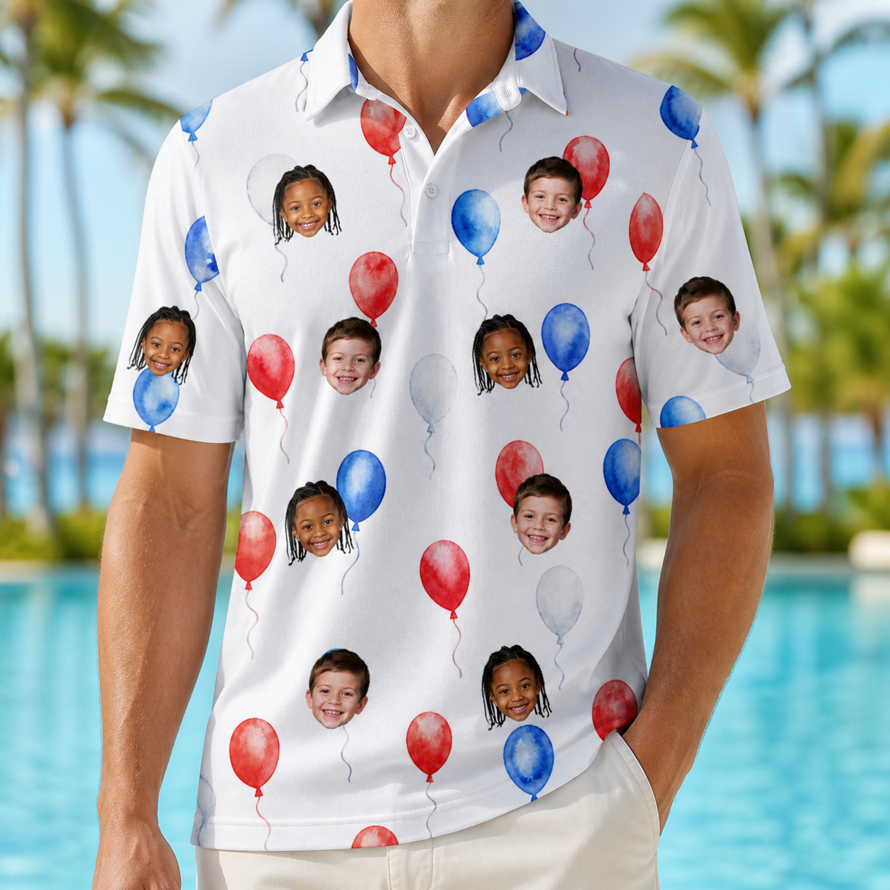 Model wearing Men's Rocket Ribbons Custom Face Polo Shirt printed with kids' faces