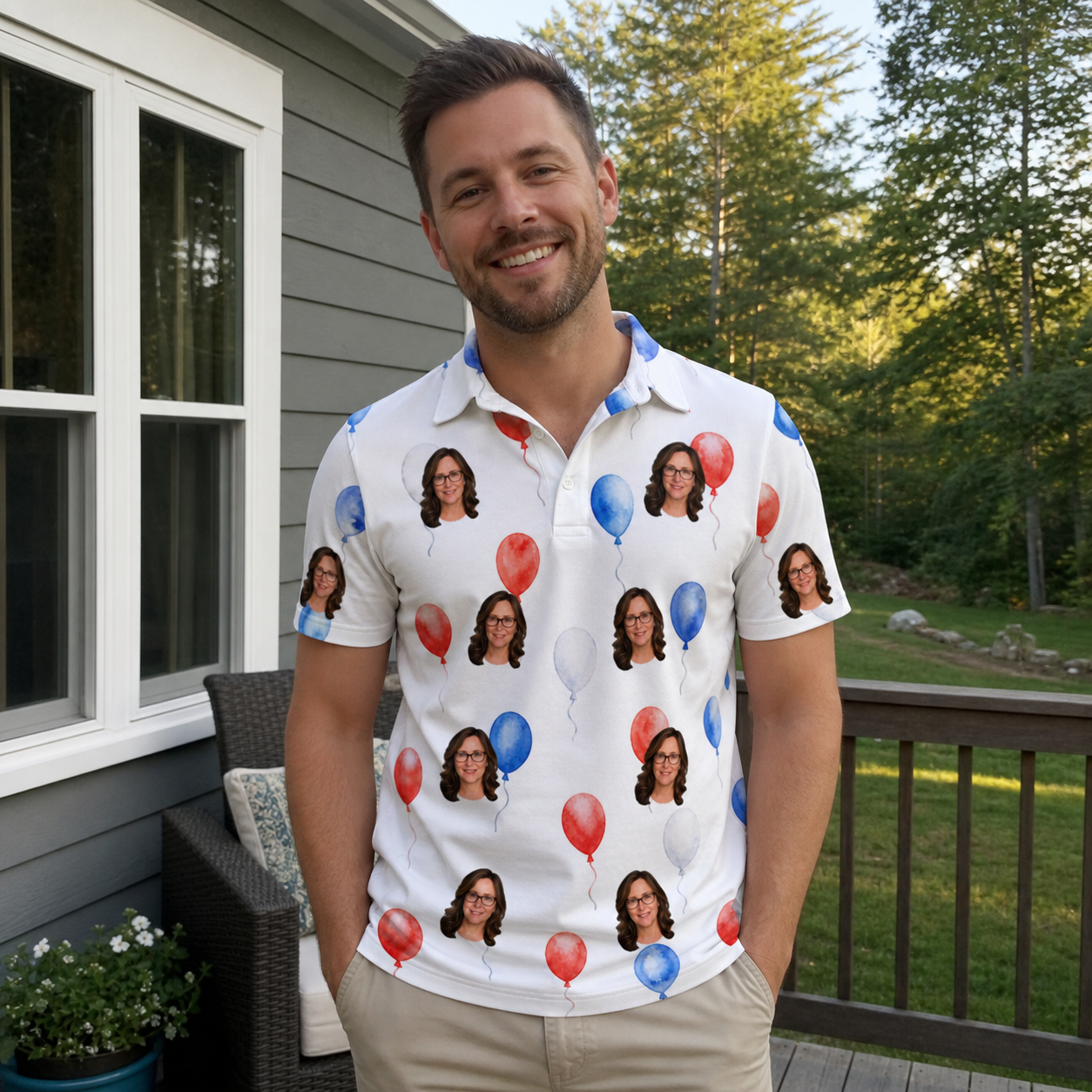 Real-life photo of someone wearing Men's Rocket Ribbons Custom Face Polo Shirt — custom faces printed all-over
