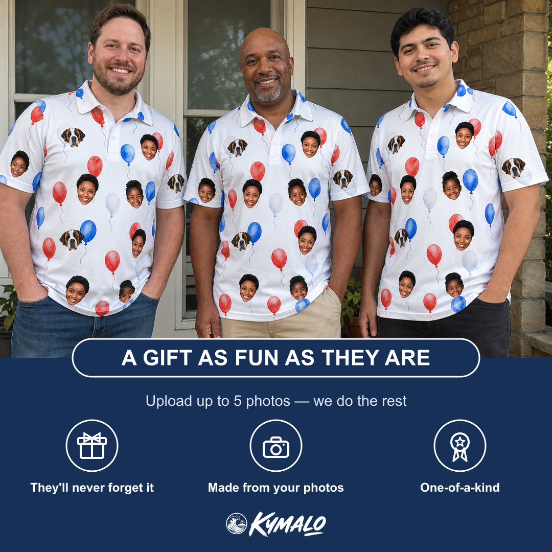 Friends in matching Men's Rocket Ribbons Custom Face Polo Shirt — a group gift photo