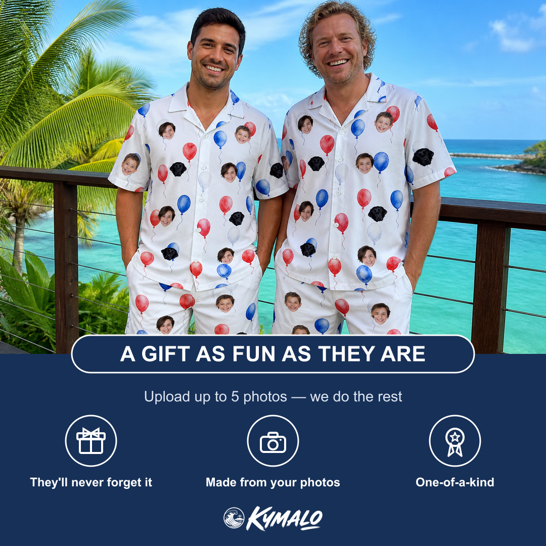 Friends in matching Men's Rocket Ribbons Custom Face Shirt & Shorts Set — a group gift photo