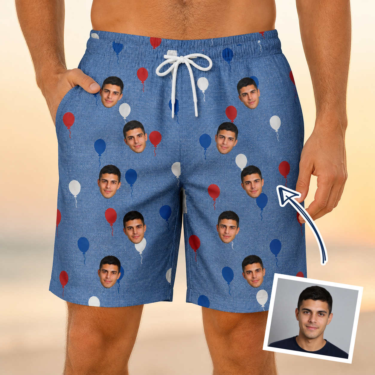 Man wearing Men's Patriot Pop Custom Face Beach Shorts — custom faces printed all-over