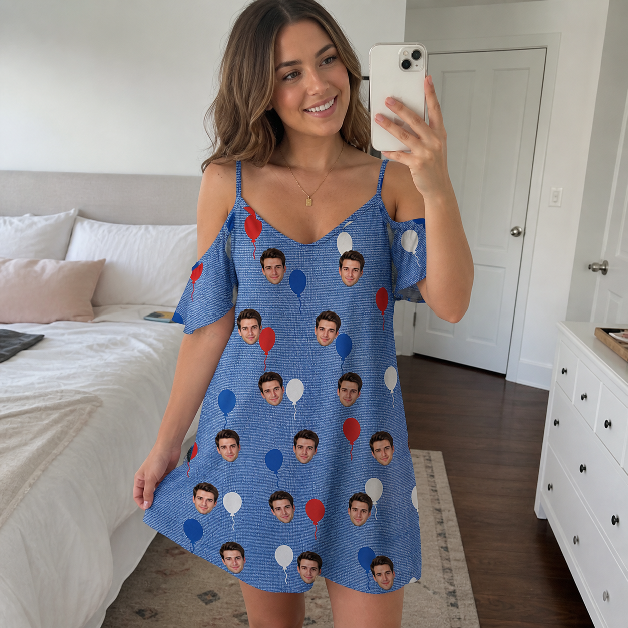 Real-life photo of someone wearing Women's Patriot Pop Custom Face Off-Shoulder Dress — custom faces printed all-over