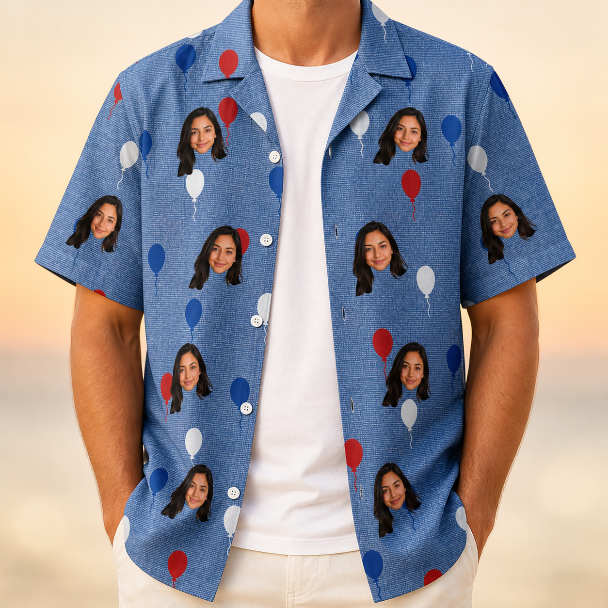 Man wearing Men's Patriot Pop Custom Face Hawaiian Shirt open over a white tee