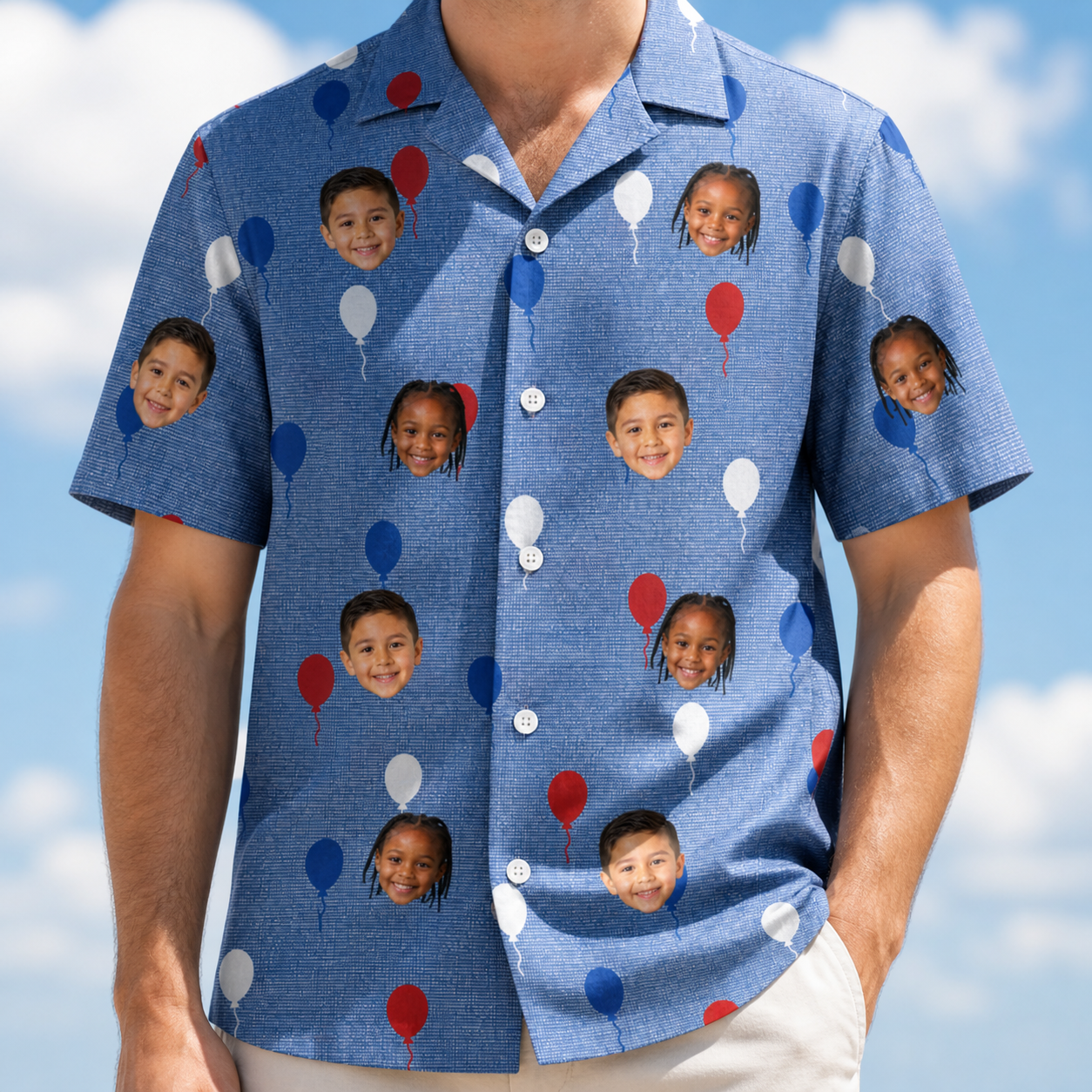 Model wearing Men's Patriot Pop Custom Face Hawaiian Shirt printed with kids' faces